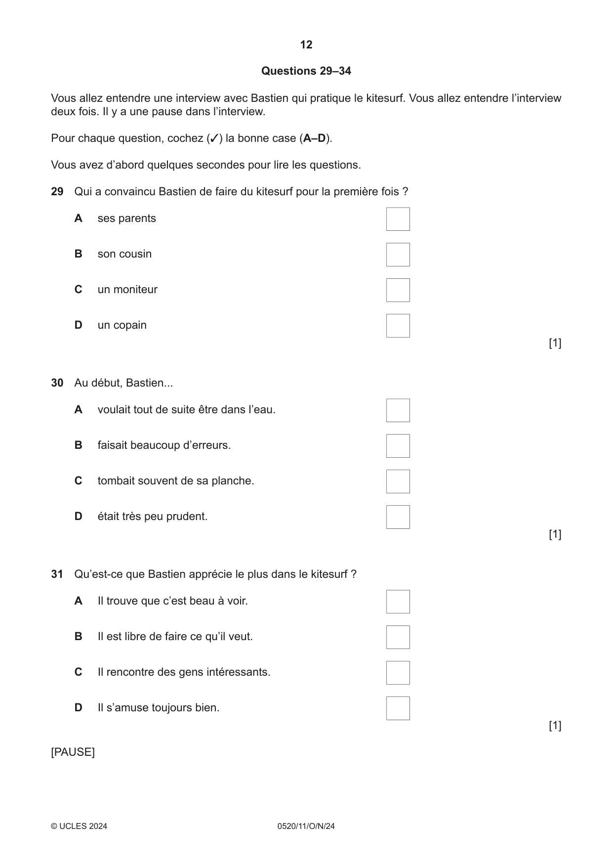 Cambridge IGCSE French - Foreign Language 0520 2024 Oct/Nov Paper 1 · Variant 1 question paper, page 12 of 16