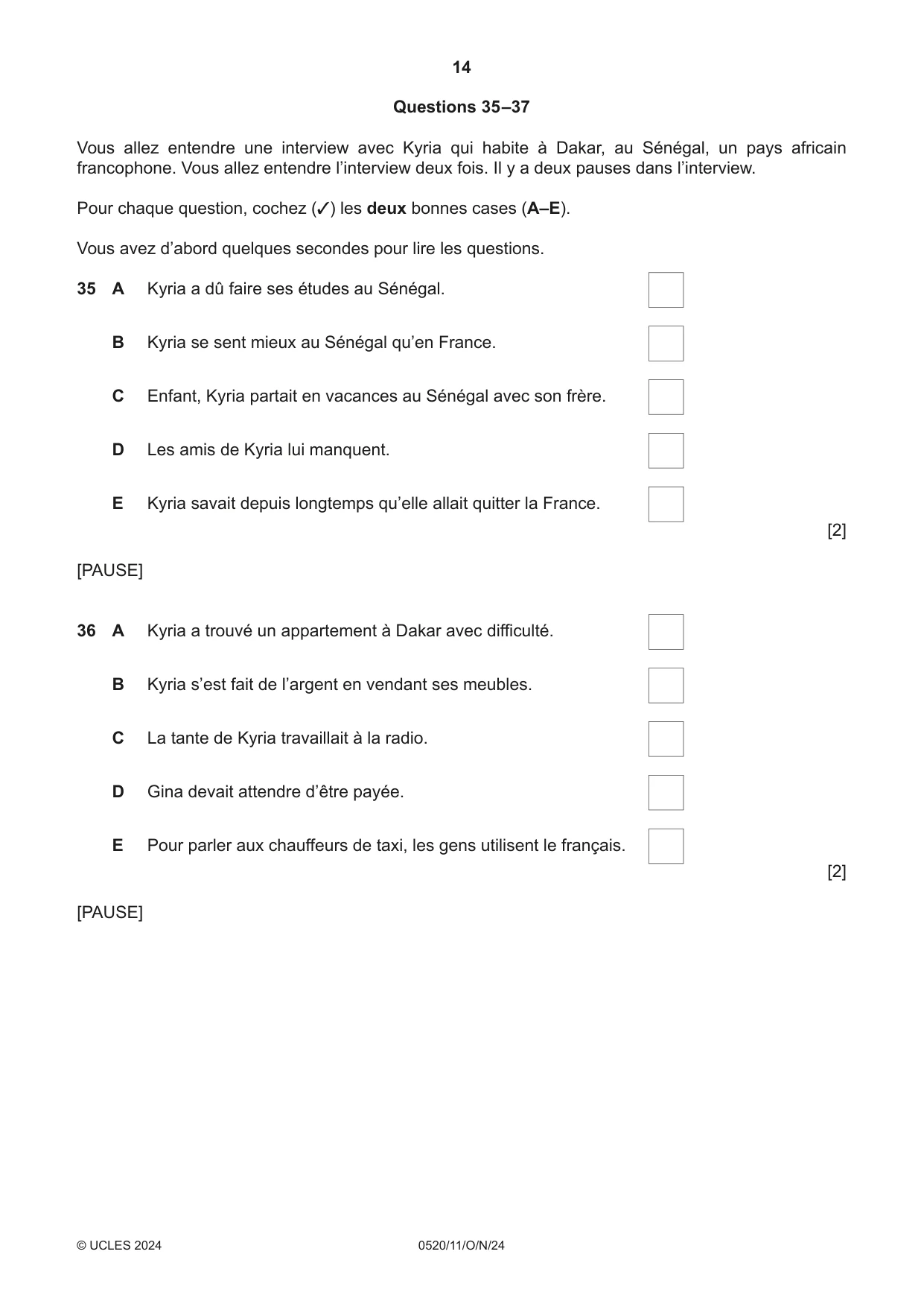Cambridge IGCSE French - Foreign Language 0520 2024 Oct/Nov Paper 1 · Variant 1 question paper, page 14 of 16