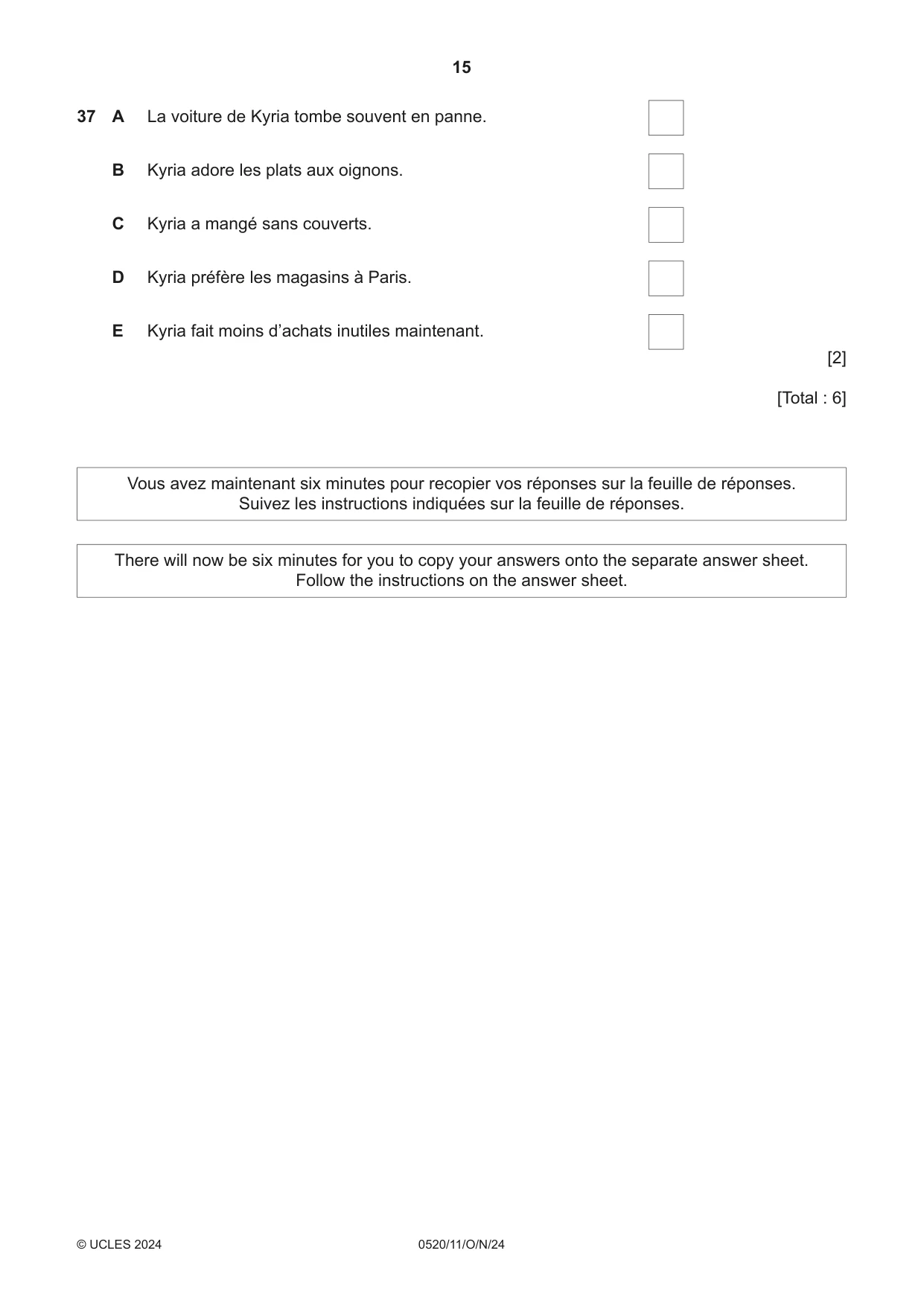 Cambridge IGCSE French - Foreign Language 0520 2024 Oct/Nov Paper 1 · Variant 1 question paper, page 15 of 16