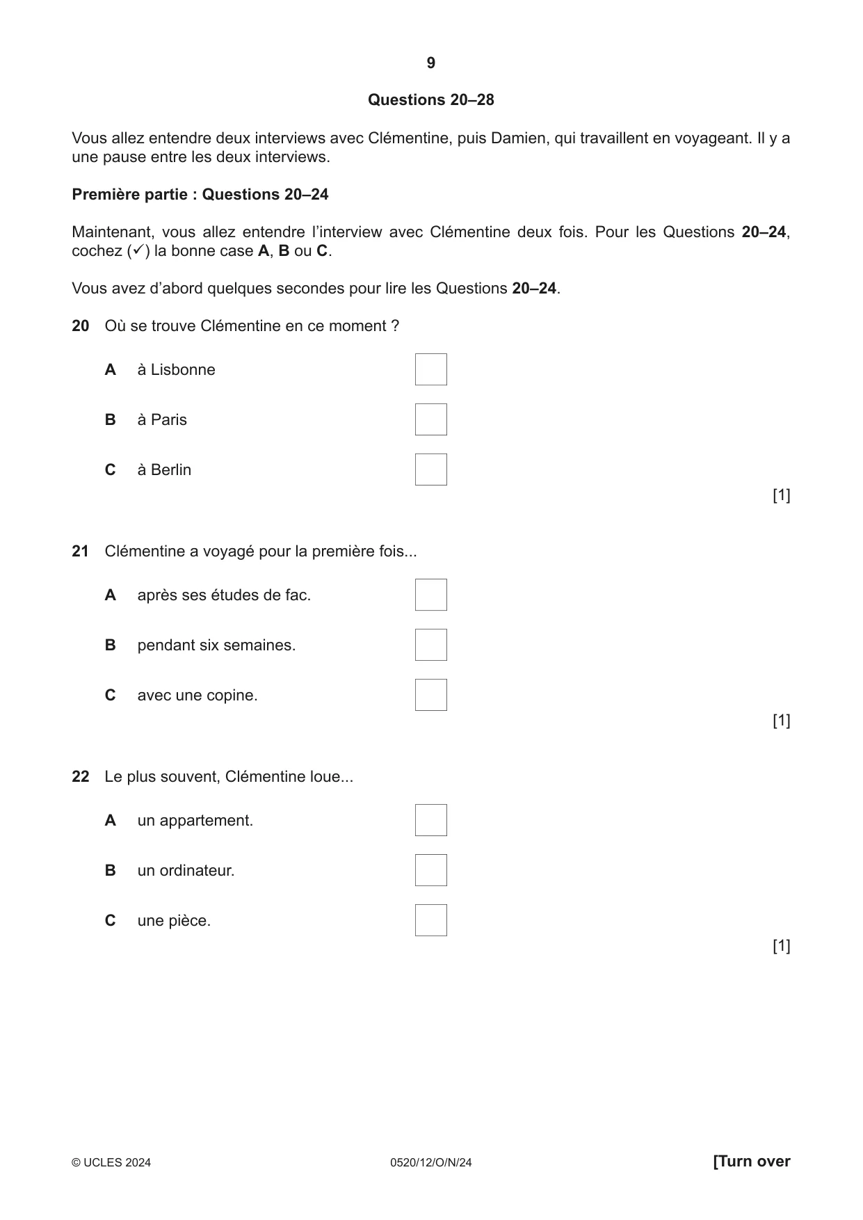 Cambridge IGCSE French - Foreign Language 0520 2024 Oct/Nov Paper 1 · Variant 2 question paper, page 9 of 16