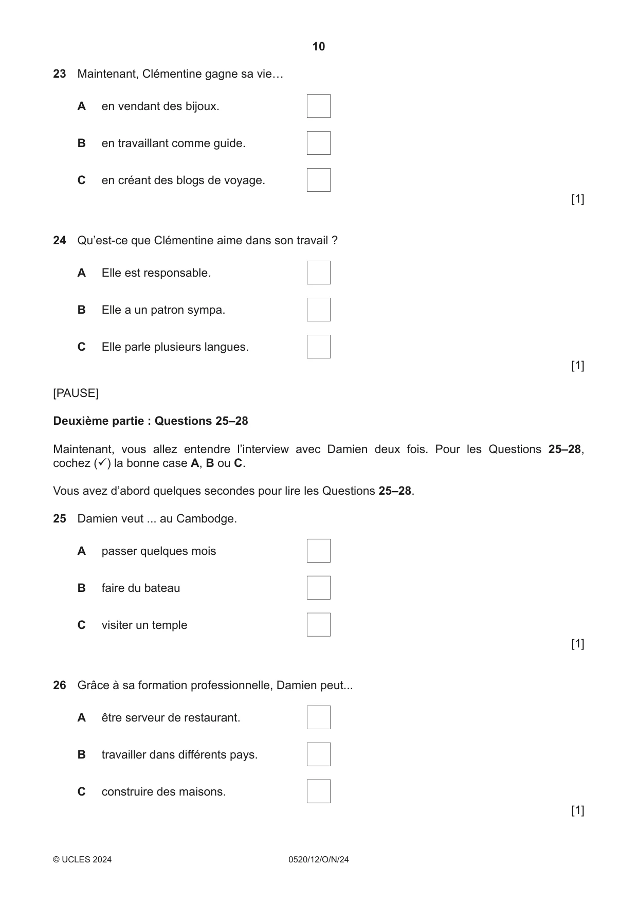 Cambridge IGCSE French - Foreign Language 0520 2024 Oct/Nov Paper 1 · Variant 2 question paper, page 10 of 16