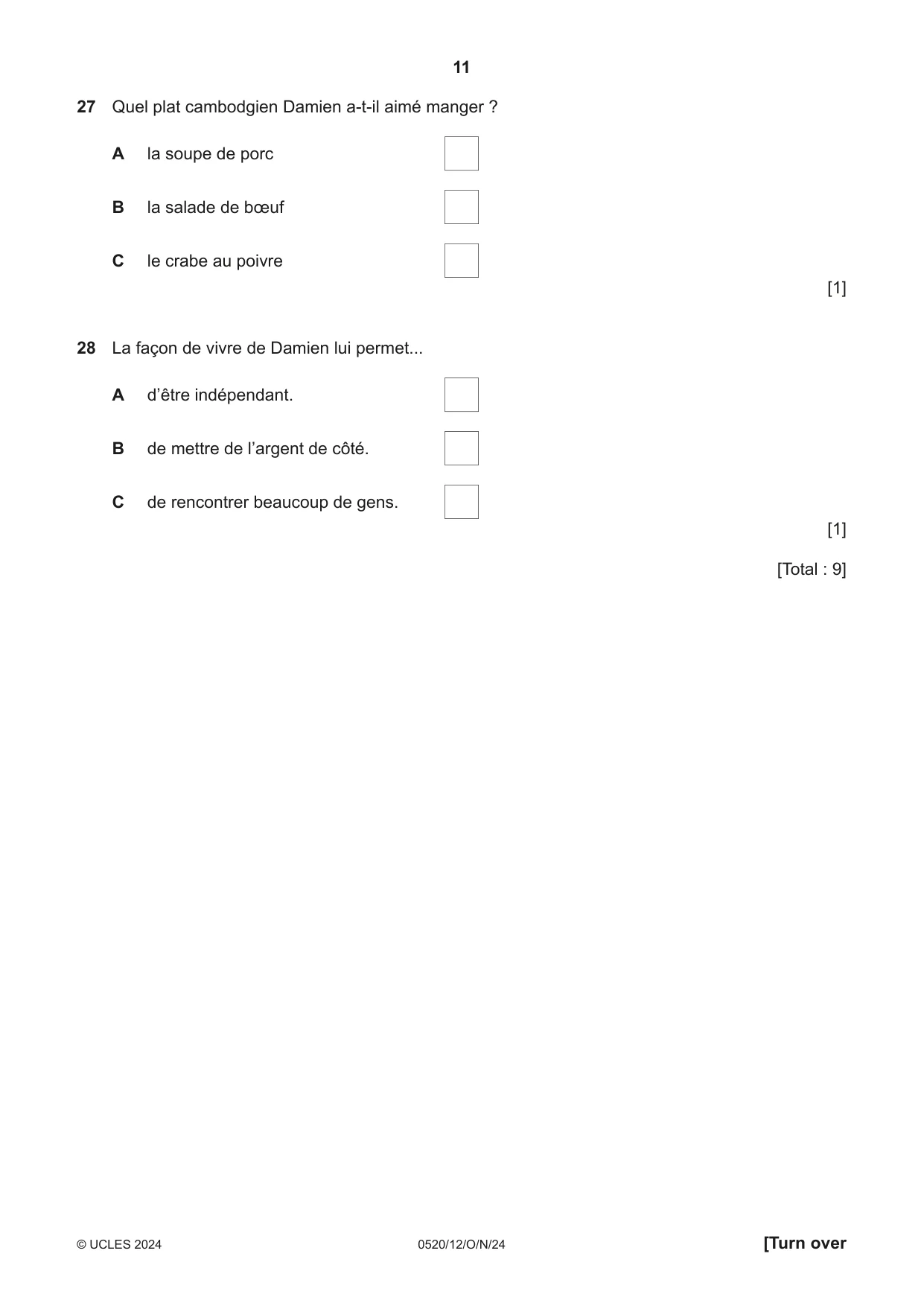 Cambridge IGCSE French - Foreign Language 0520 2024 Oct/Nov Paper 1 · Variant 2 question paper, page 11 of 16