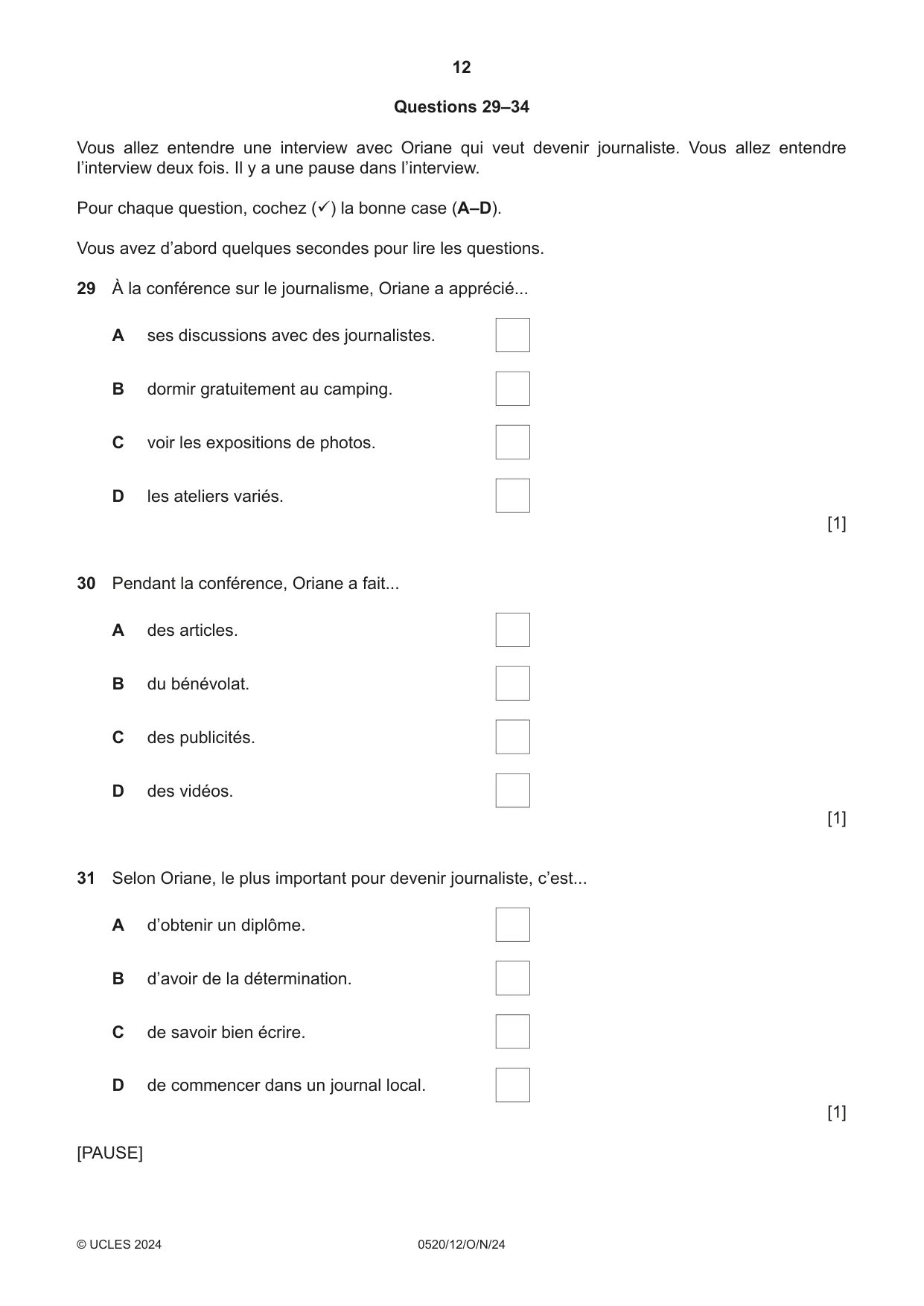 Cambridge IGCSE French - Foreign Language 0520 2024 Oct/Nov Paper 1 · Variant 2 question paper, page 12 of 16