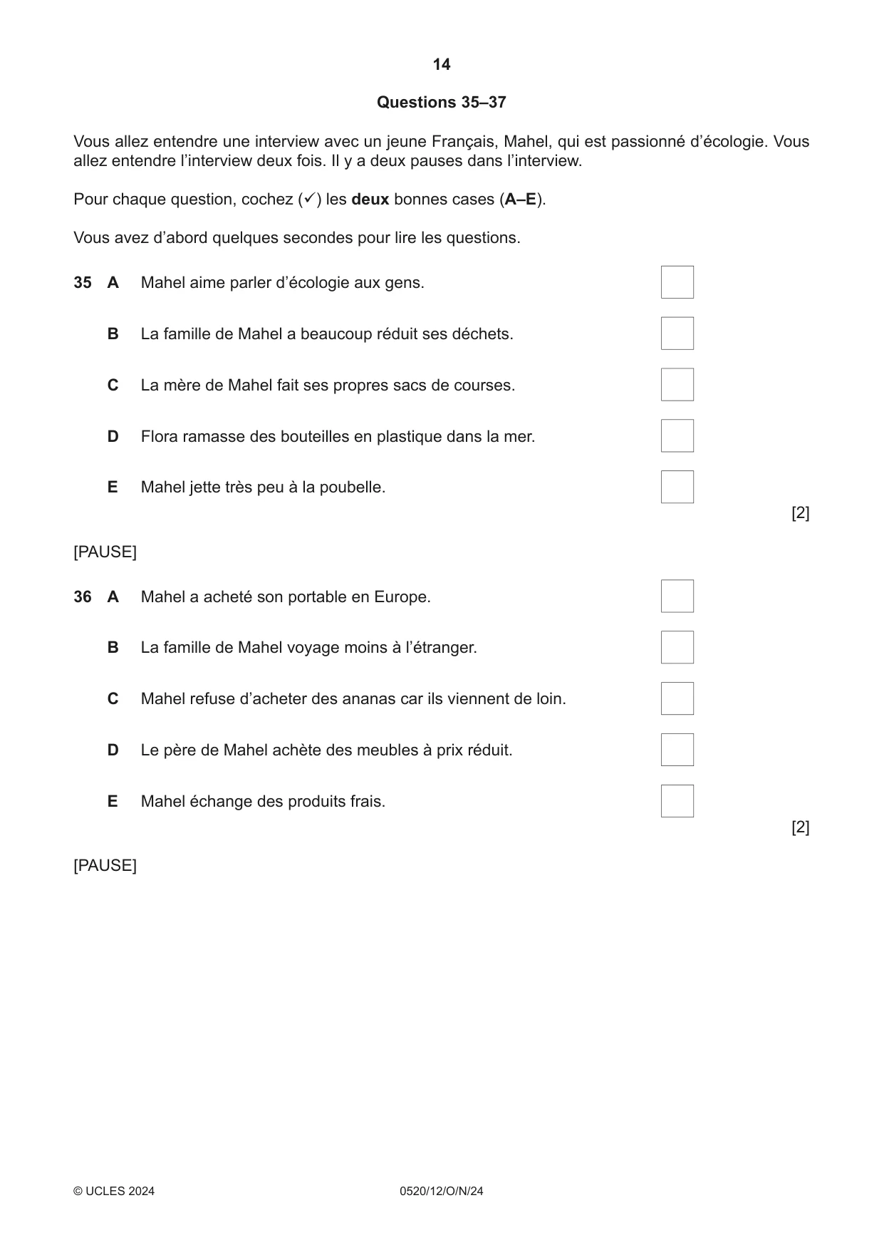 Cambridge IGCSE French - Foreign Language 0520 2024 Oct/Nov Paper 1 · Variant 2 question paper, page 14 of 16