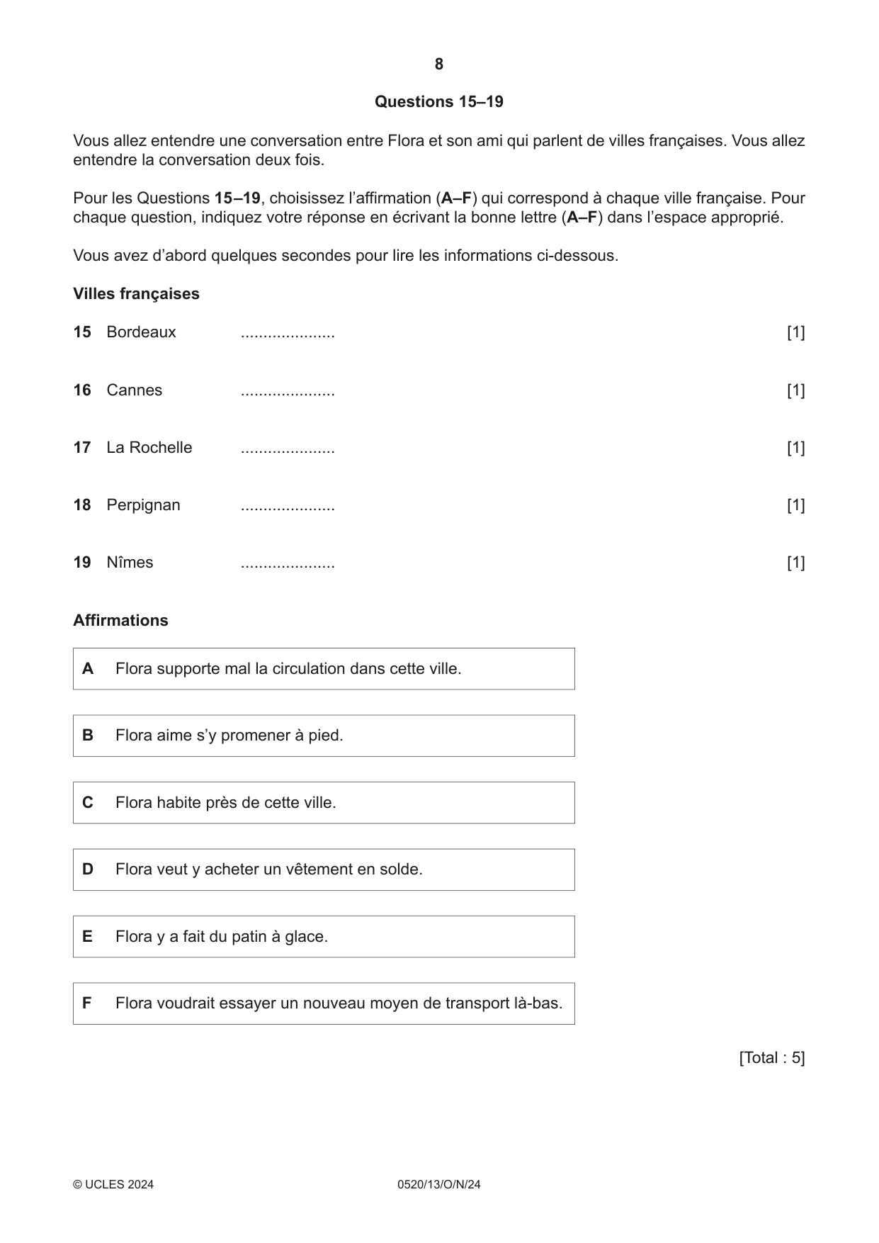 Cambridge IGCSE French - Foreign Language 0520 2024 Oct/Nov Paper 1 · Variant 3 question paper, page 8 of 16