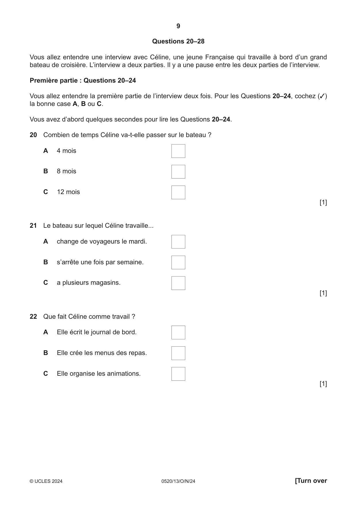 Cambridge IGCSE French - Foreign Language 0520 2024 Oct/Nov Paper 1 · Variant 3 question paper, page 9 of 16