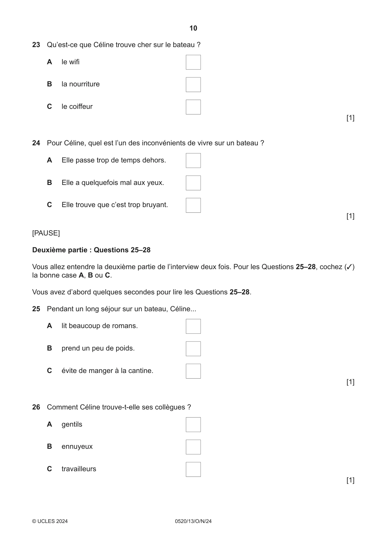 Cambridge IGCSE French - Foreign Language 0520 2024 Oct/Nov Paper 1 · Variant 3 question paper, page 10 of 16