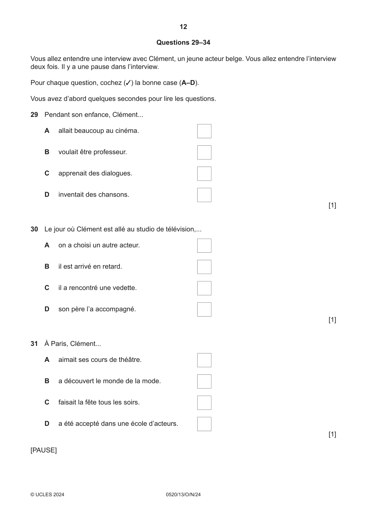 Cambridge IGCSE French - Foreign Language 0520 2024 Oct/Nov Paper 1 · Variant 3 question paper, page 12 of 16
