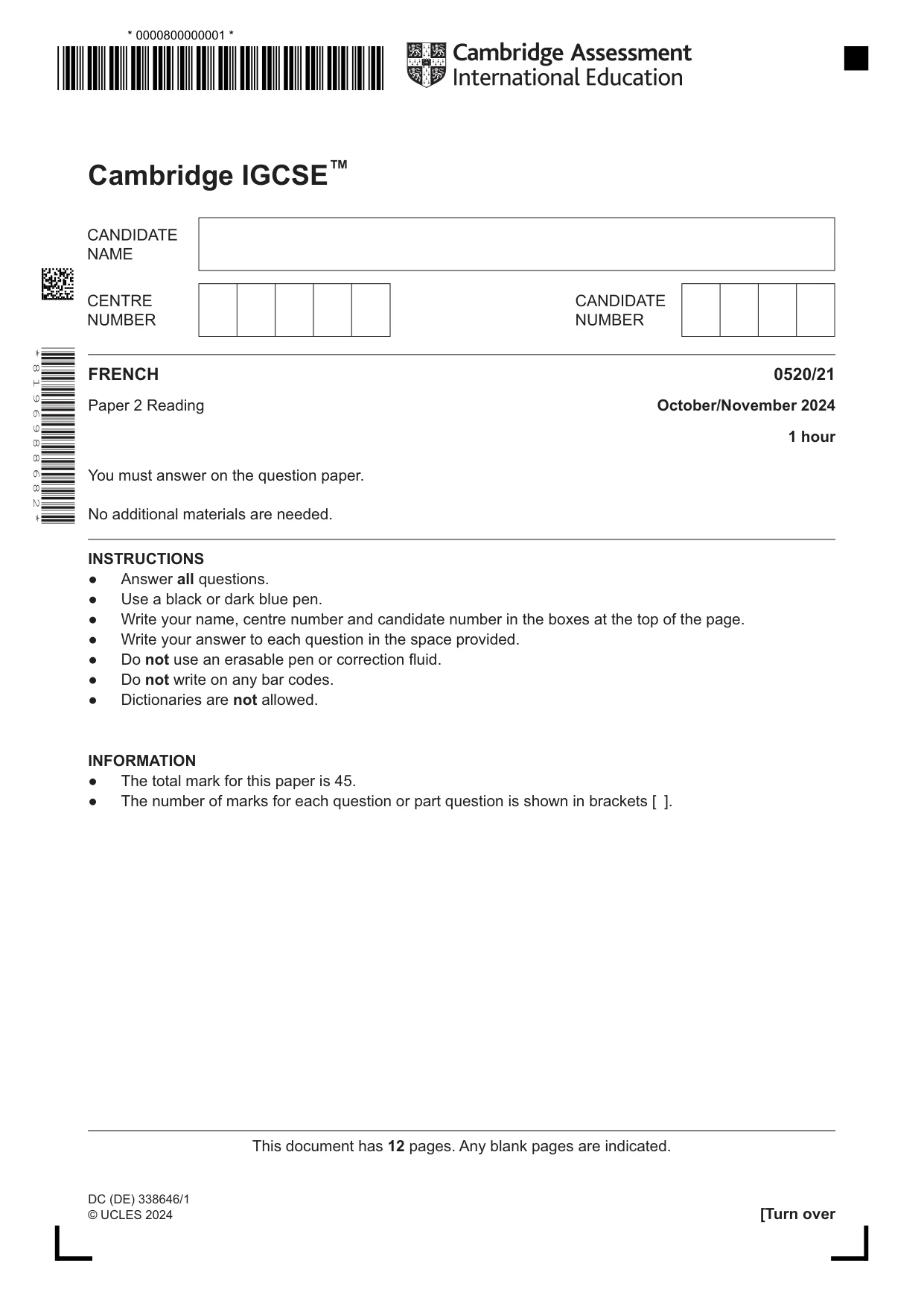 Cambridge IGCSE French - Foreign Language 0520 2024 Oct/Nov Paper 2 · Variant 1 question paper, page 1 of 12