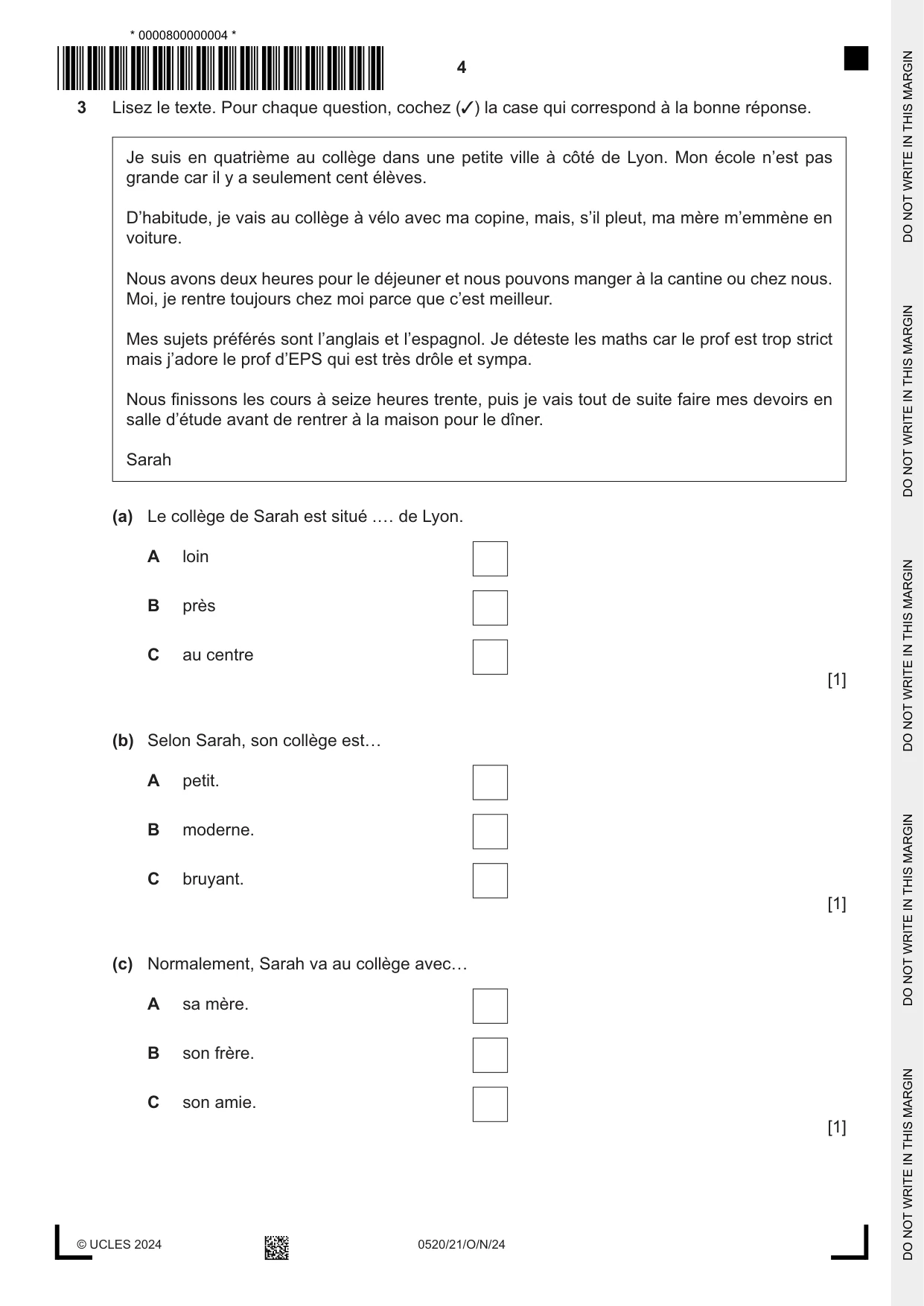 Cambridge IGCSE French - Foreign Language 0520 2024 Oct/Nov Paper 2 · Variant 1 question paper, page 4 of 12