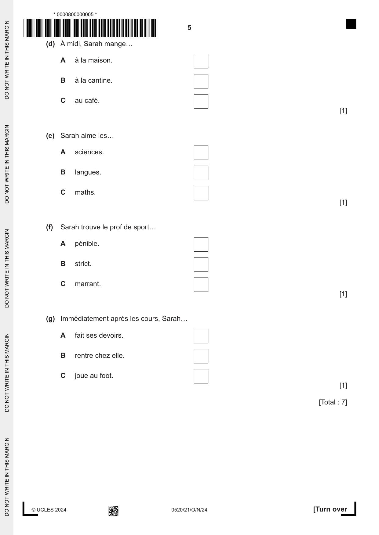 Cambridge IGCSE French - Foreign Language 0520 2024 Oct/Nov Paper 2 · Variant 1 question paper, page 5 of 12