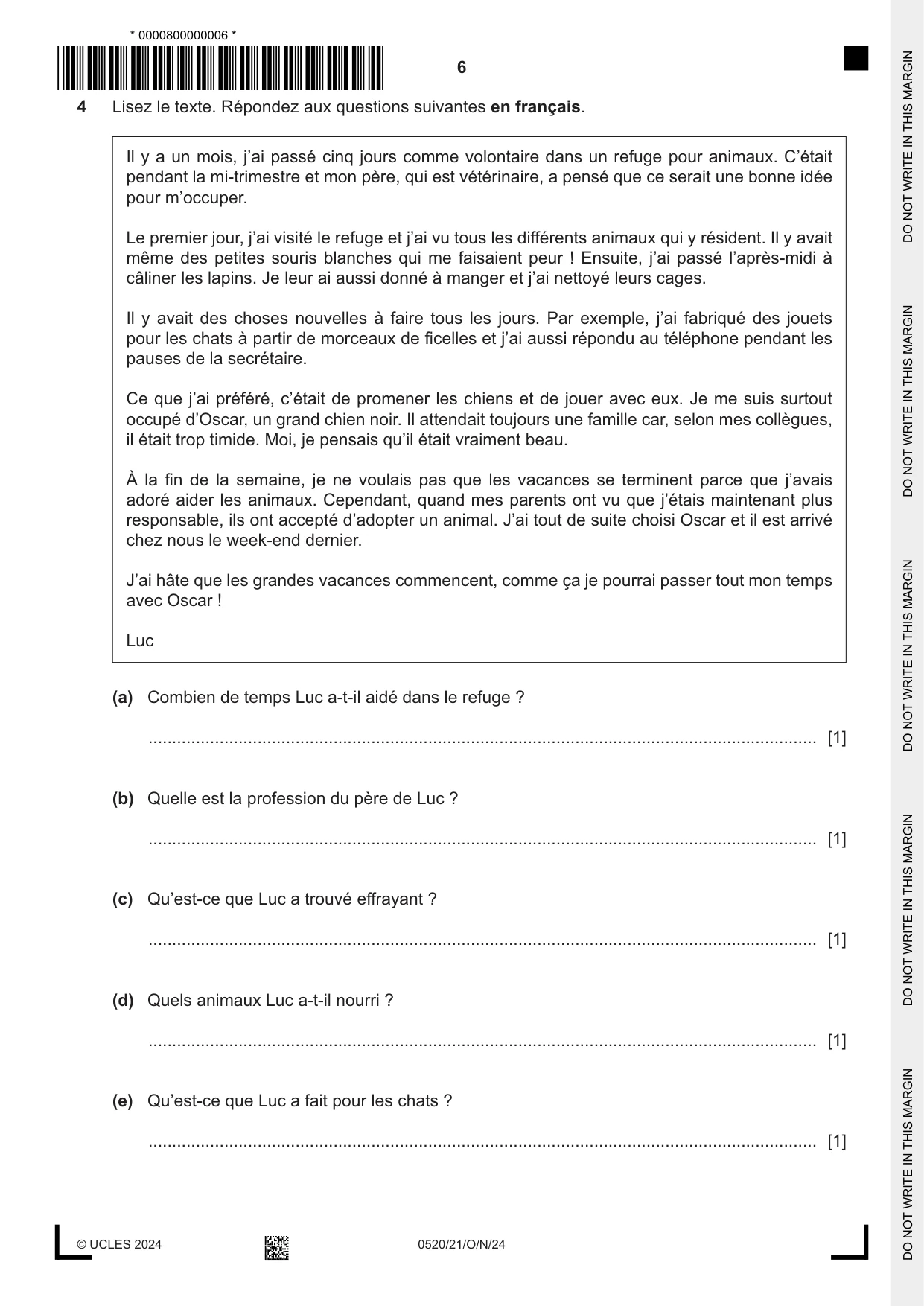 Cambridge IGCSE French - Foreign Language 0520 2024 Oct/Nov Paper 2 · Variant 1 question paper, page 6 of 12