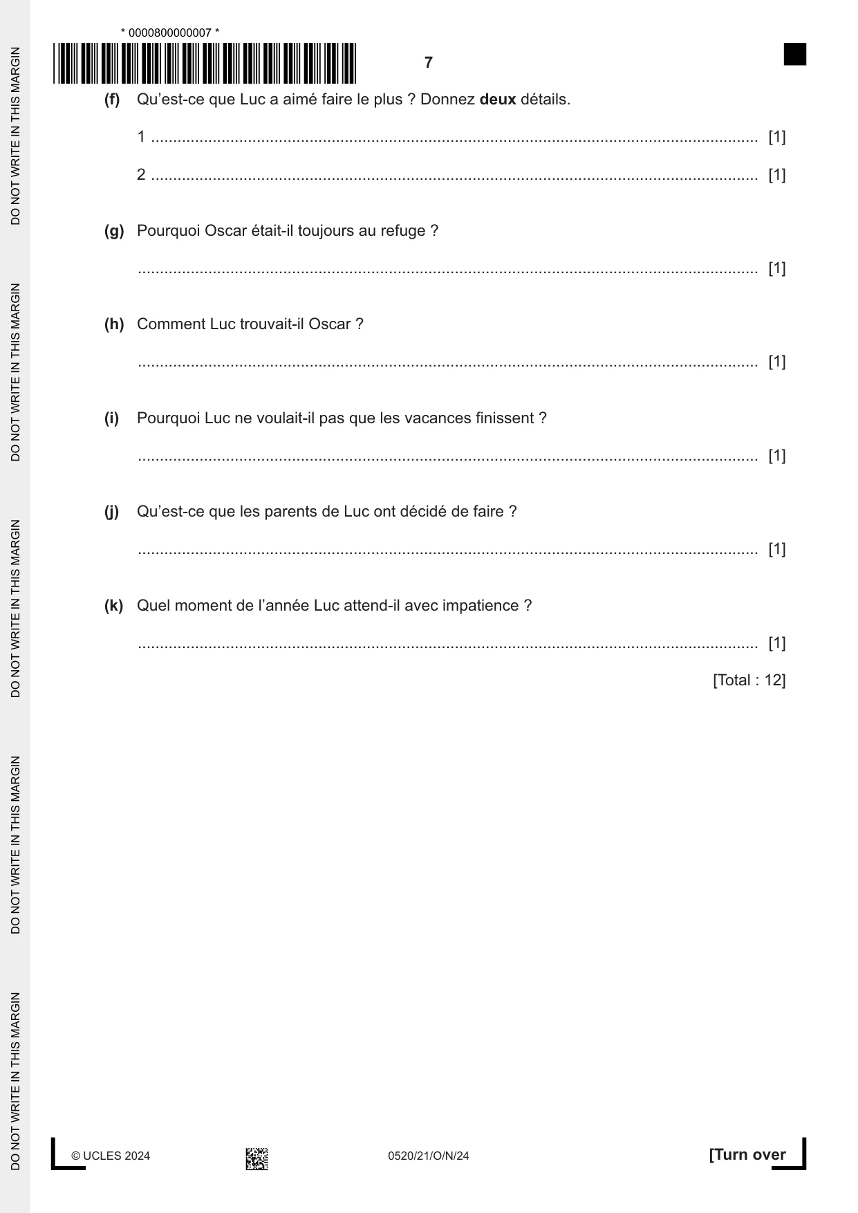 Cambridge IGCSE French - Foreign Language 0520 2024 Oct/Nov Paper 2 · Variant 1 question paper, page 7 of 12