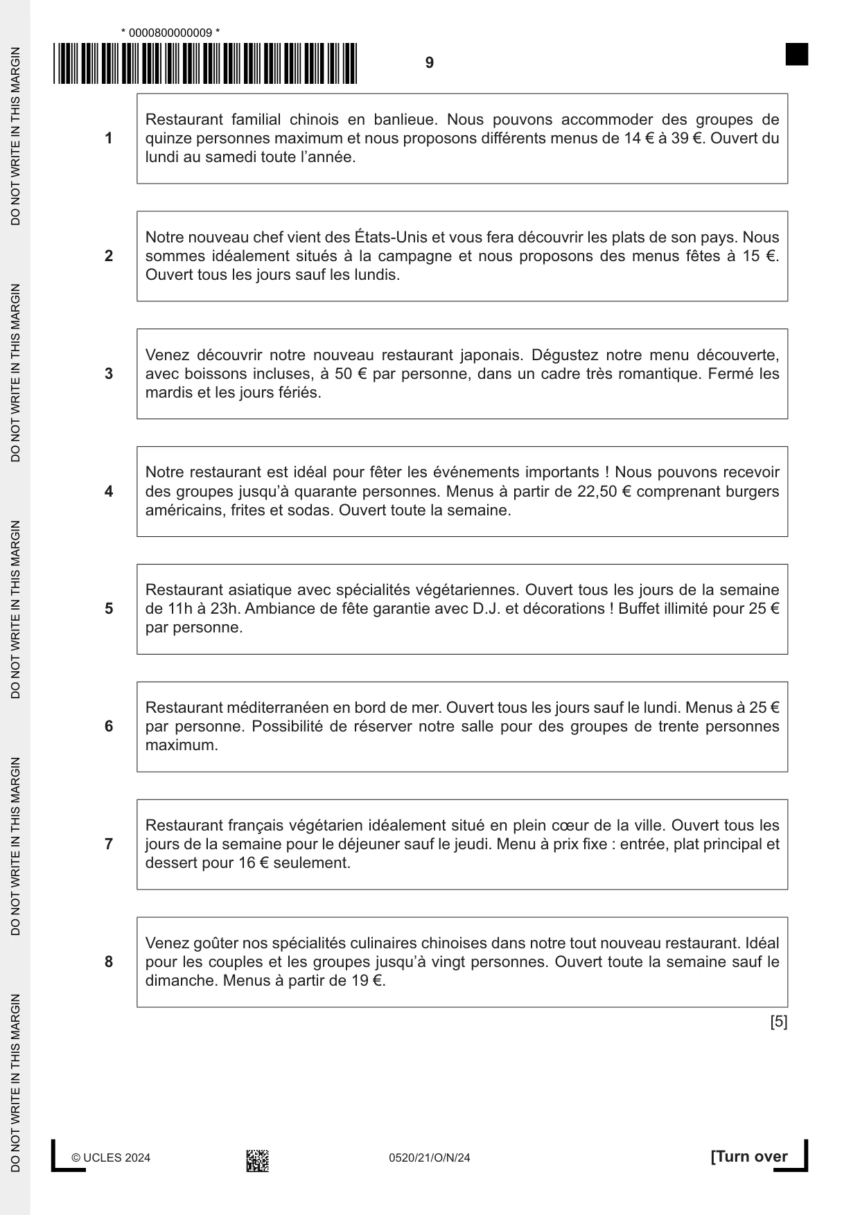 Cambridge IGCSE French - Foreign Language 0520 2024 Oct/Nov Paper 2 · Variant 1 question paper, page 9 of 12