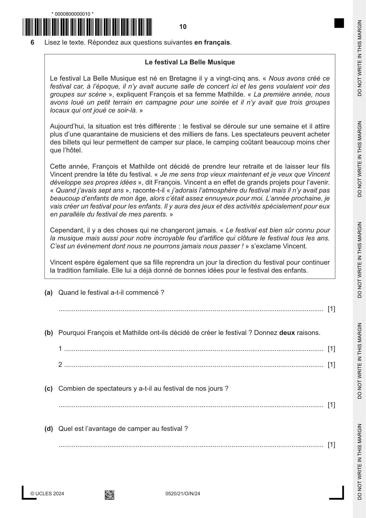 Cambridge IGCSE French - Foreign Language 0520 2024 Oct/Nov Paper 2 · Variant 1 question paper, page 10 of 12