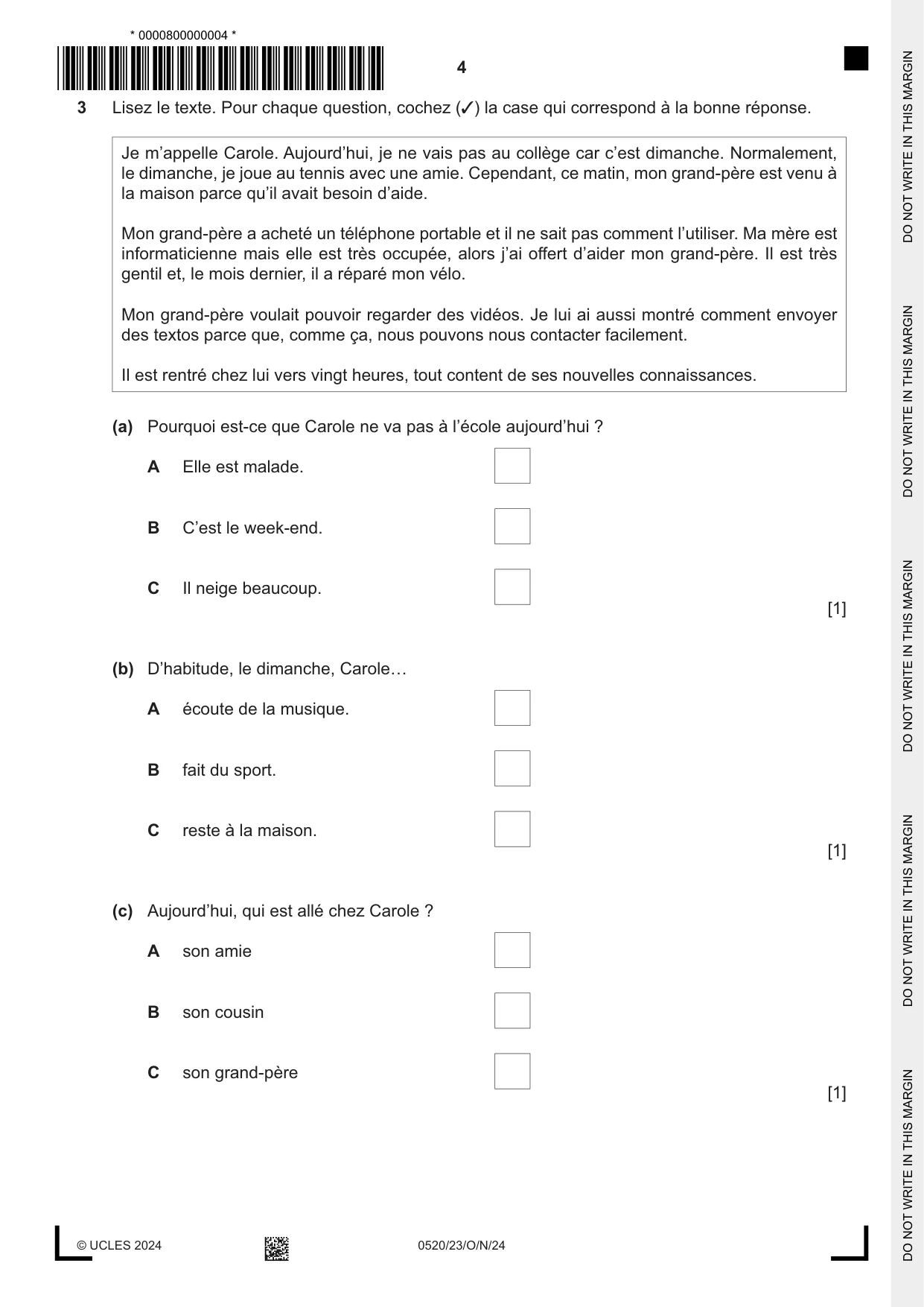 Cambridge IGCSE French - Foreign Language 0520 2024 Oct/Nov Paper 2 · Variant 3 question paper, page 4 of 12