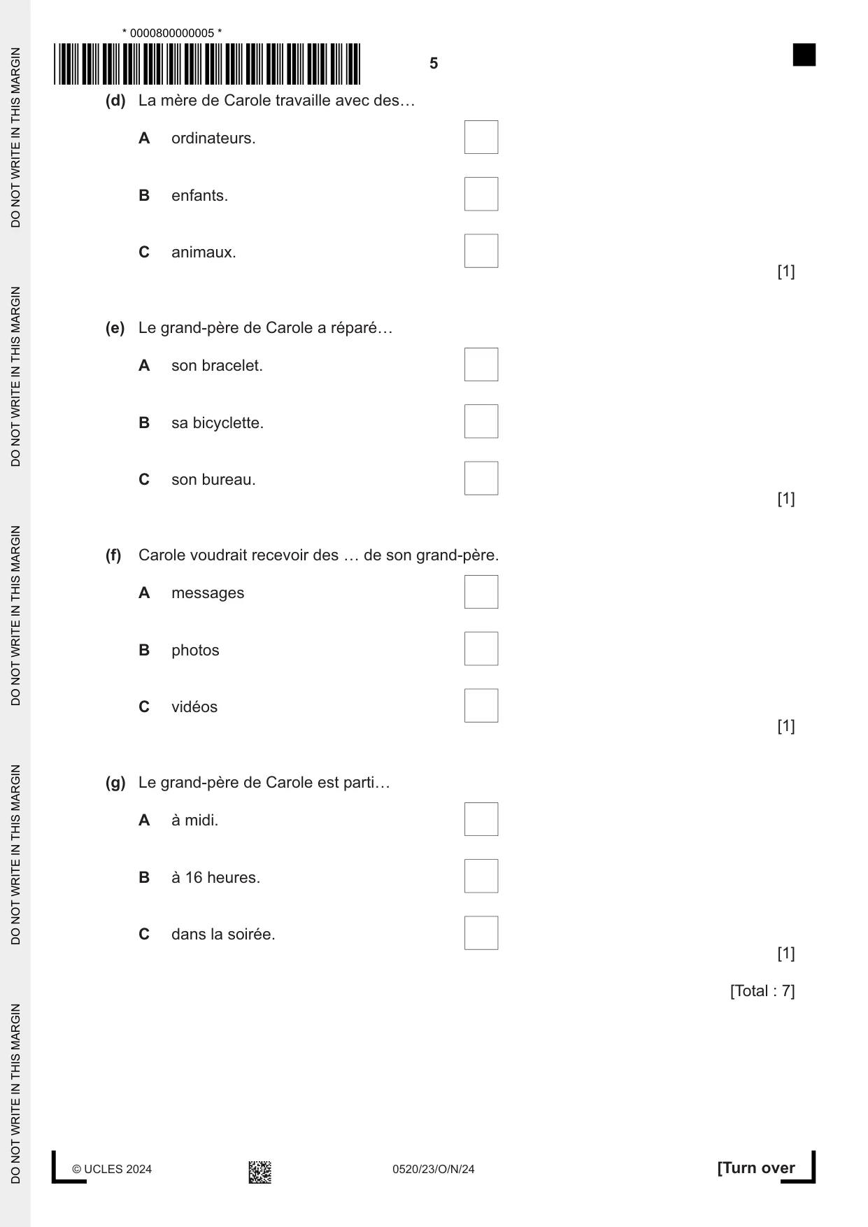Cambridge IGCSE French - Foreign Language 0520 2024 Oct/Nov Paper 2 · Variant 3 question paper, page 5 of 12