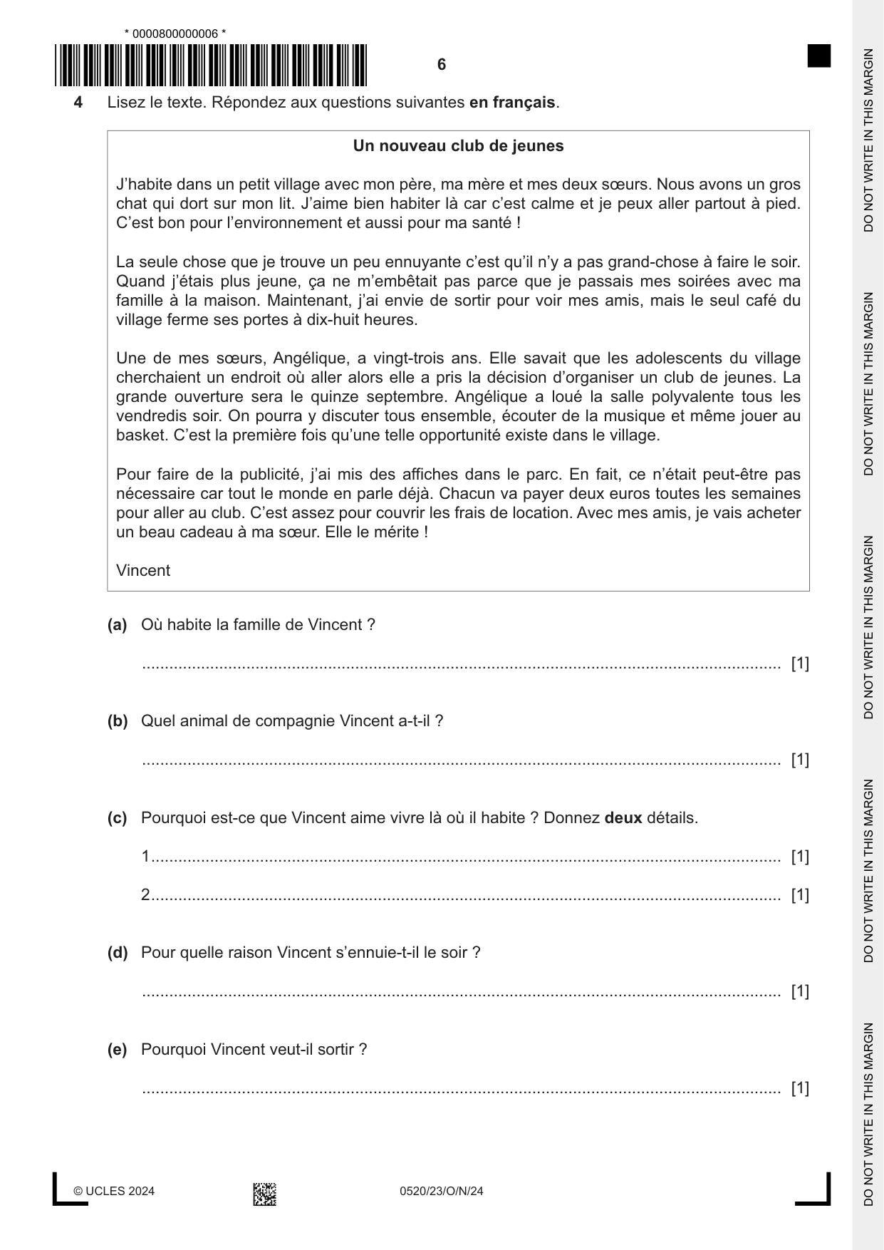 Cambridge IGCSE French - Foreign Language 0520 2024 Oct/Nov Paper 2 · Variant 3 question paper, page 6 of 12