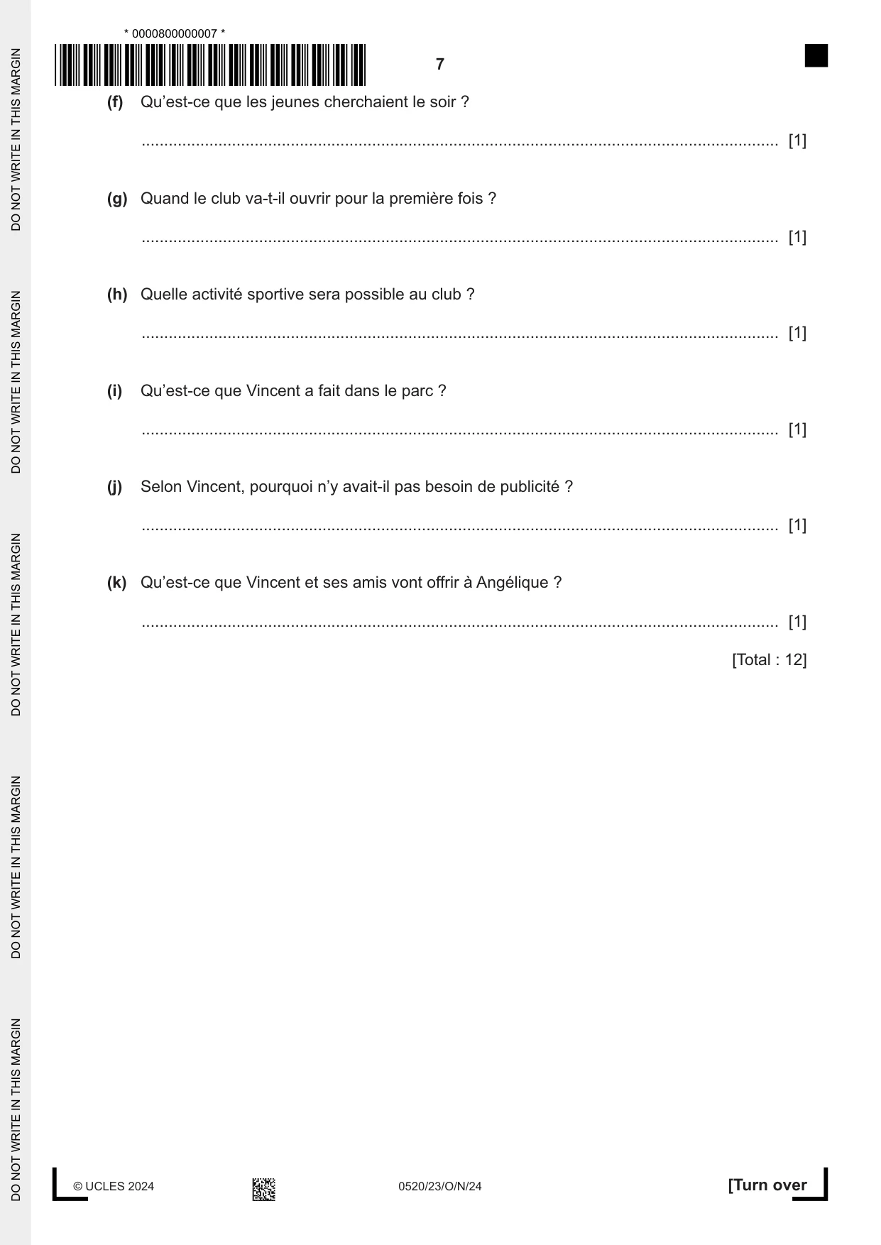 Cambridge IGCSE French - Foreign Language 0520 2024 Oct/Nov Paper 2 · Variant 3 question paper, page 7 of 12