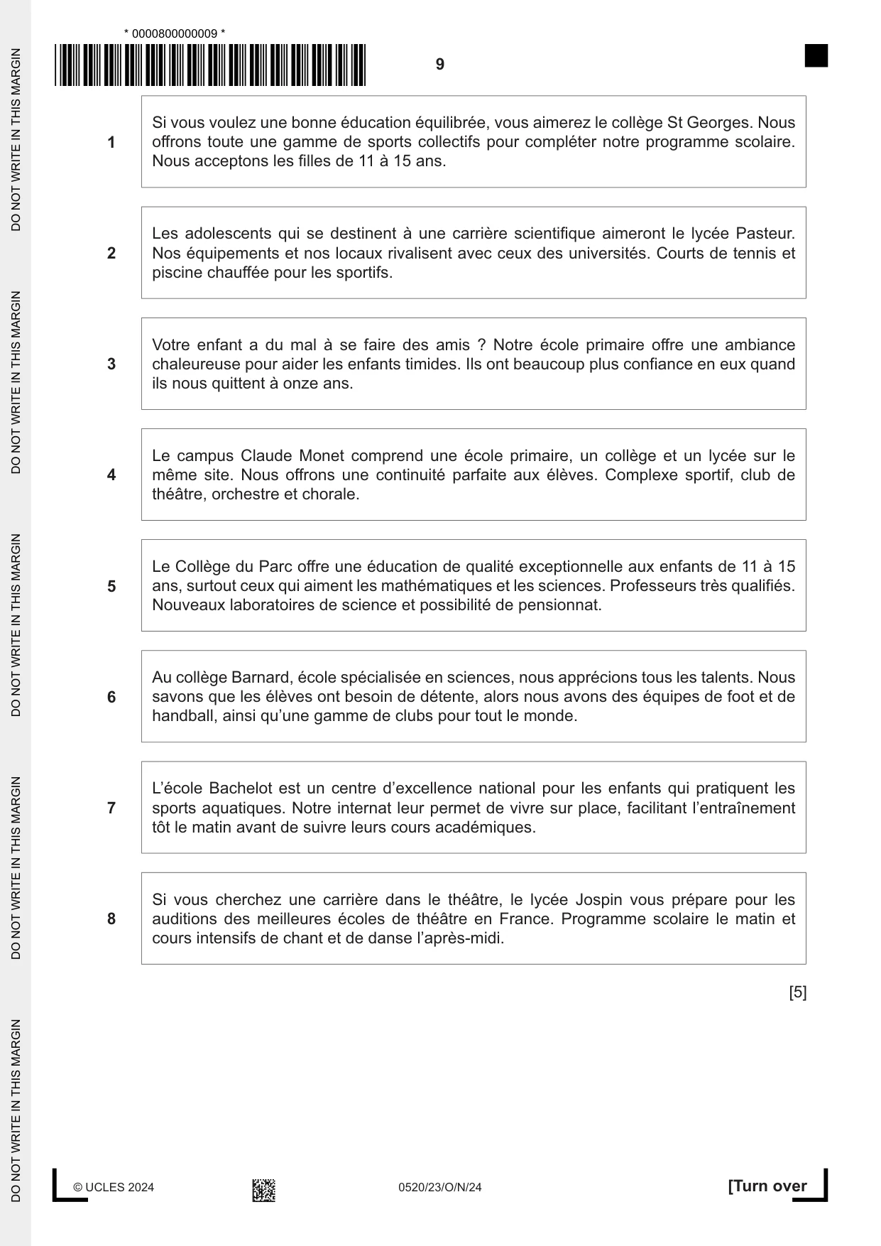 Cambridge IGCSE French - Foreign Language 0520 2024 Oct/Nov Paper 2 · Variant 3 question paper, page 9 of 12