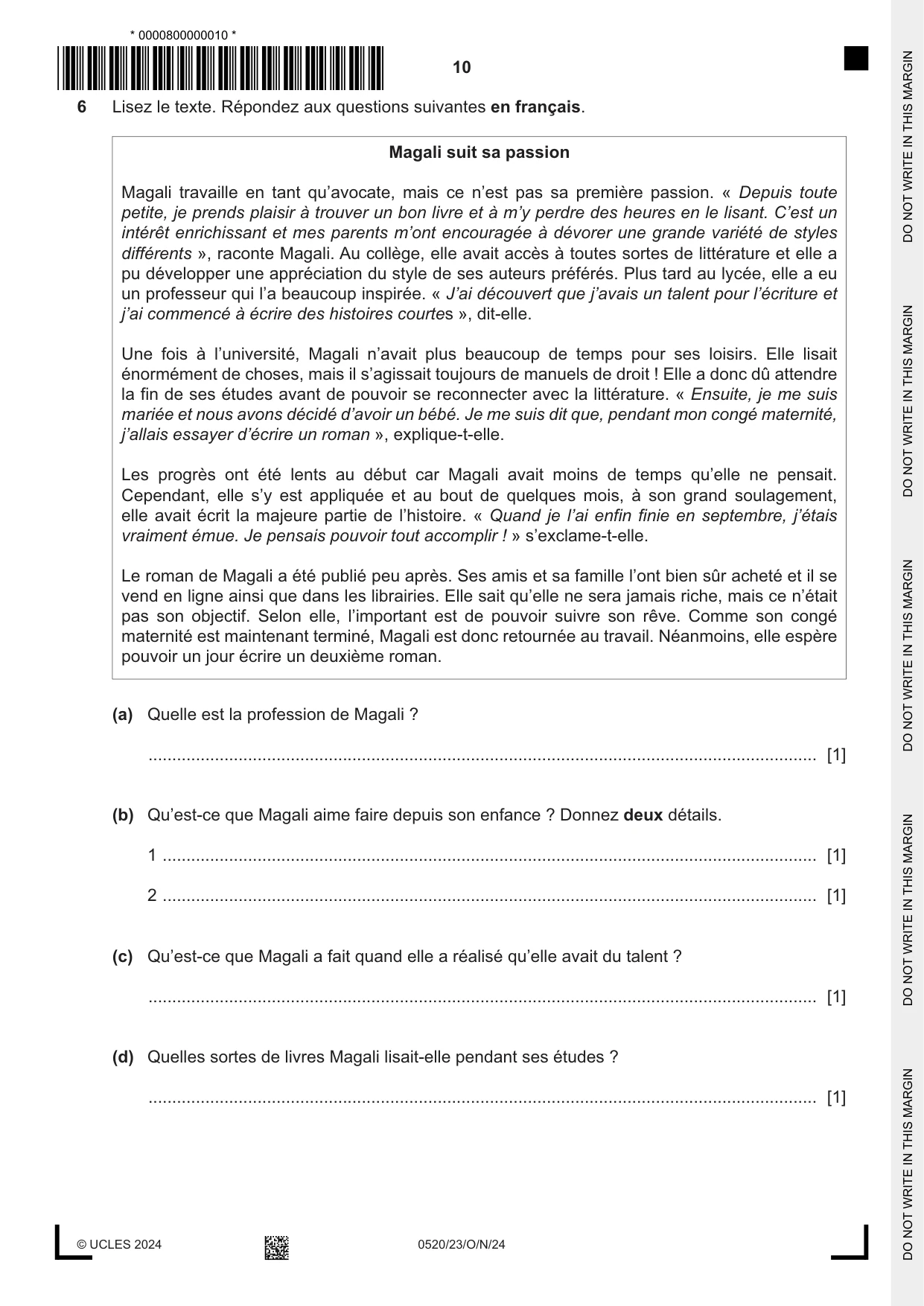 Cambridge IGCSE French - Foreign Language 0520 2024 Oct/Nov Paper 2 · Variant 3 question paper, page 10 of 12