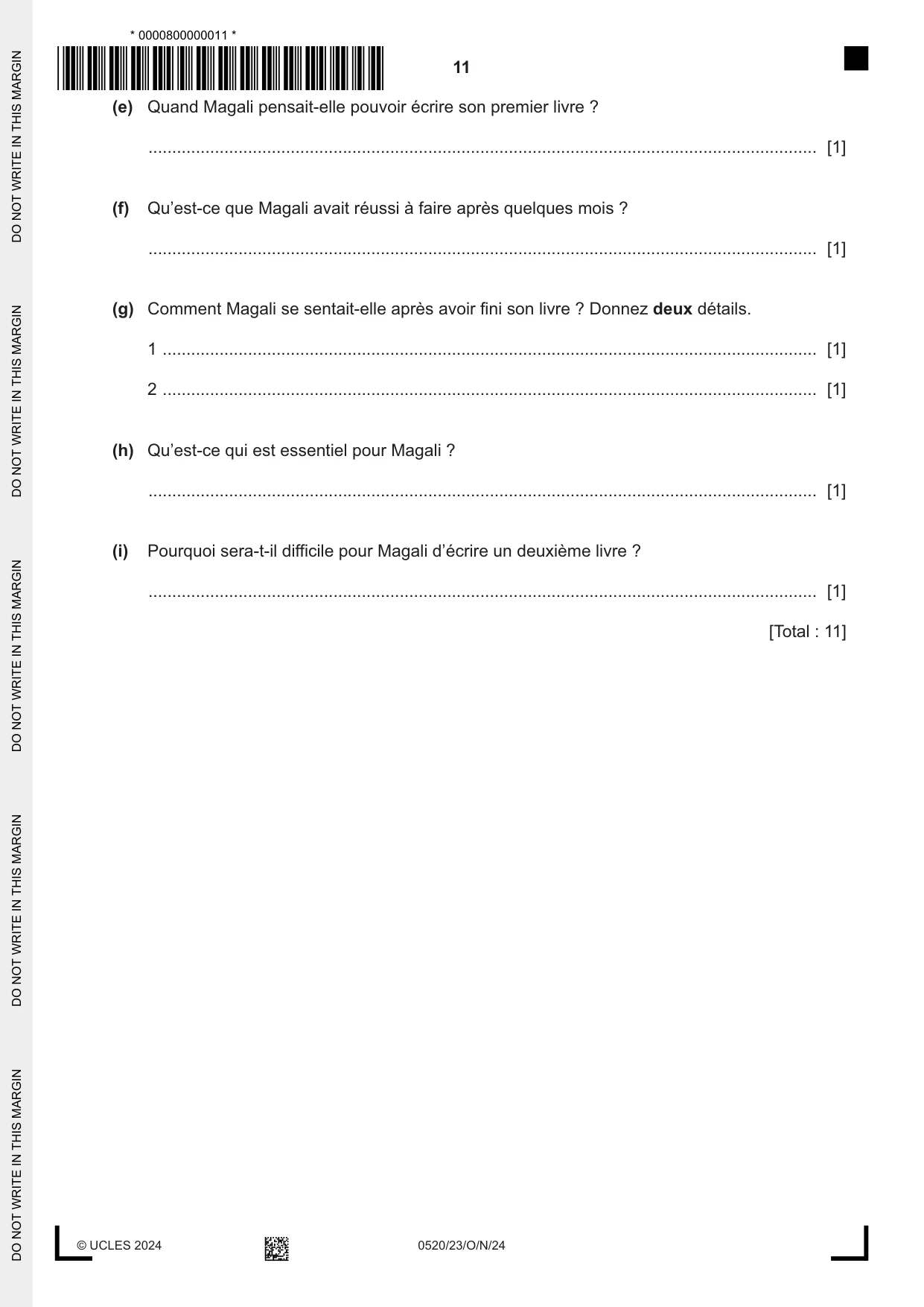 Cambridge IGCSE French - Foreign Language 0520 2024 Oct/Nov Paper 2 · Variant 3 question paper, page 11 of 12