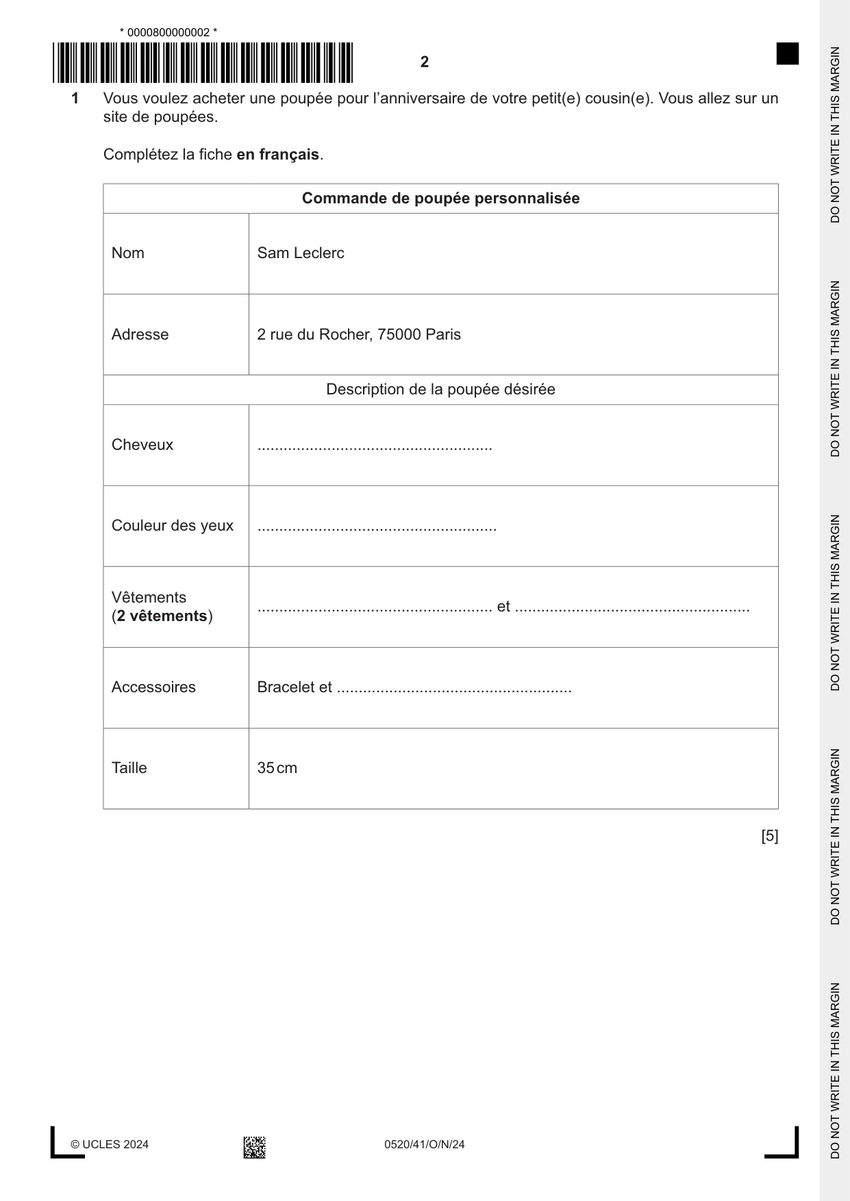 Cambridge IGCSE French - Foreign Language 0520 2024 Oct/Nov Paper 4 · Variant 1 question paper, page 2 of 8