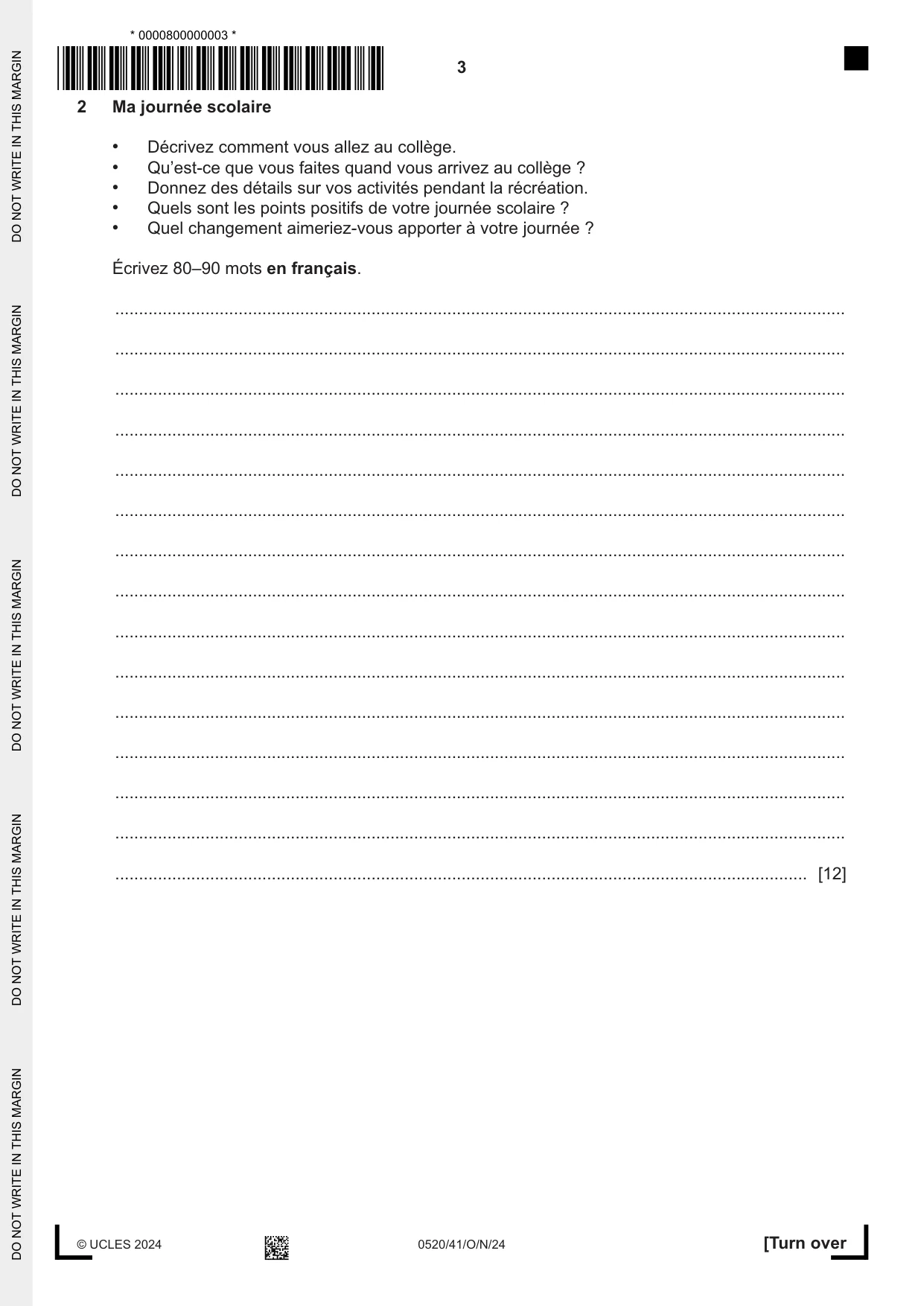 Cambridge IGCSE French - Foreign Language 0520 2024 Oct/Nov Paper 4 · Variant 1 question paper, page 3 of 8