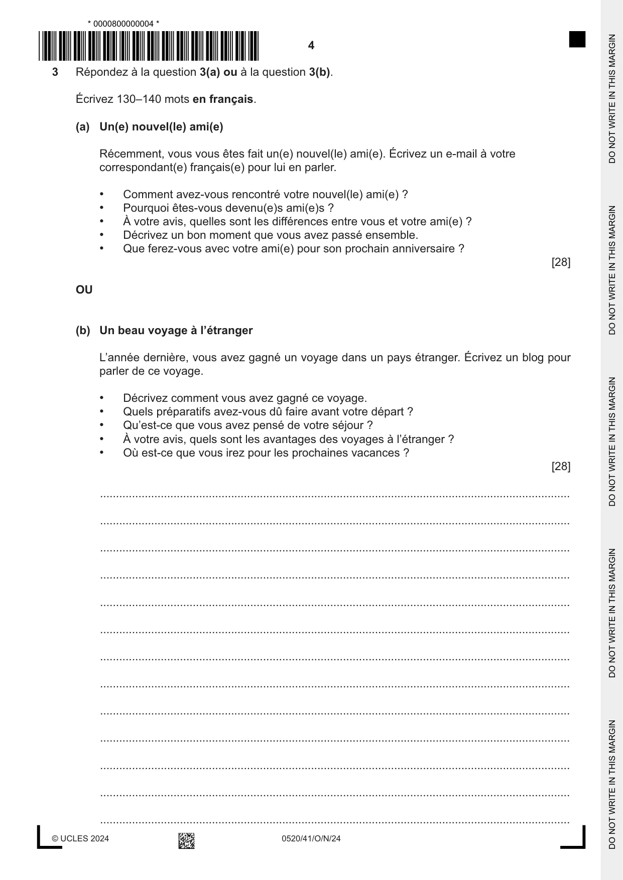 Cambridge IGCSE French - Foreign Language 0520 2024 Oct/Nov Paper 4 · Variant 1 question paper, page 4 of 8