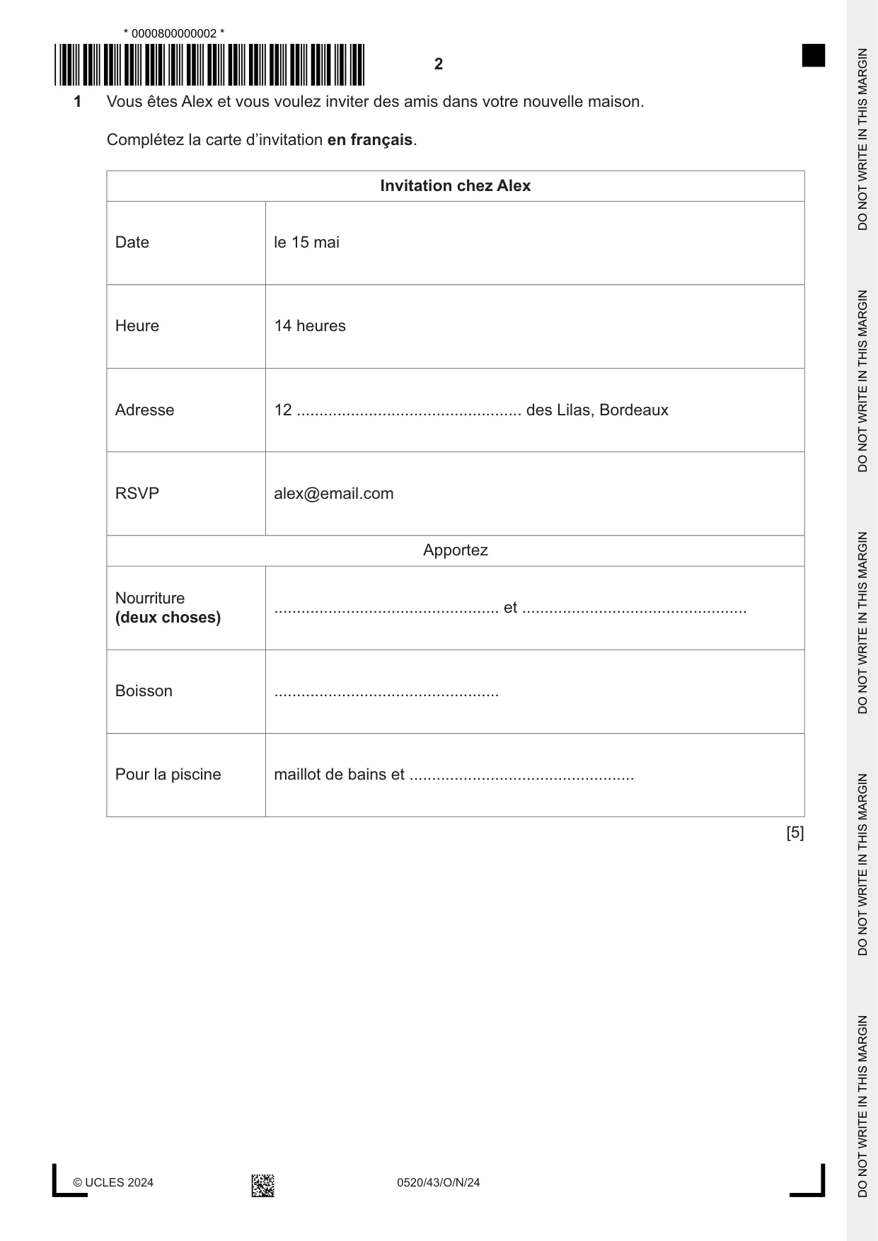 Cambridge IGCSE French - Foreign Language 0520 2024 Oct/Nov Paper 4 · Variant 3 question paper, page 2 of 8