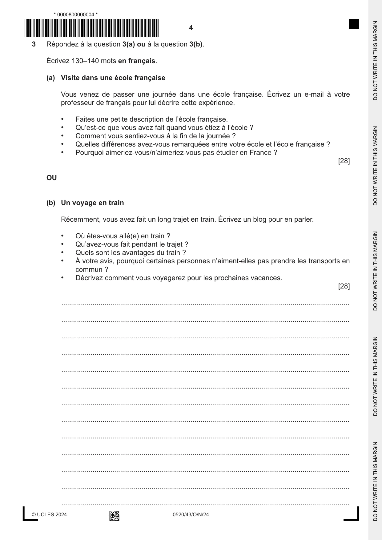 Cambridge IGCSE French - Foreign Language 0520 2024 Oct/Nov Paper 4 · Variant 3 question paper, page 4 of 8