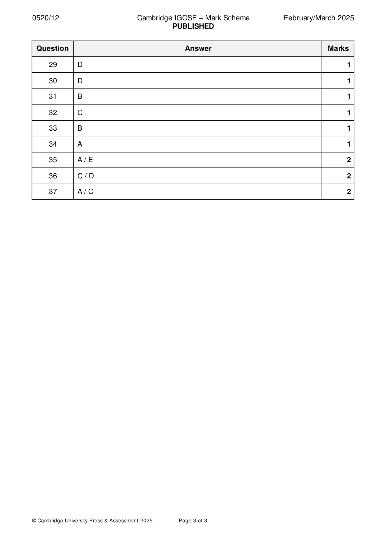 Mark scheme, page 3 of 3
