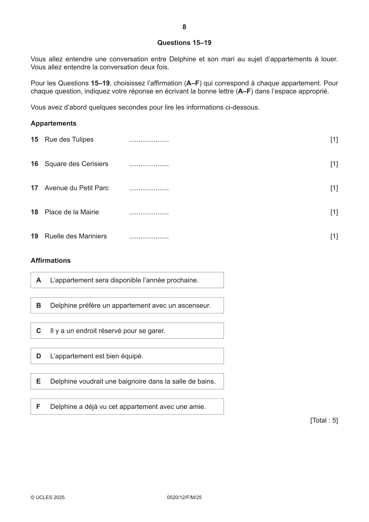Cambridge IGCSE French - Foreign Language 0520 2025 Feb/March Paper 1 · Variant 2 question paper, page 8 of 16