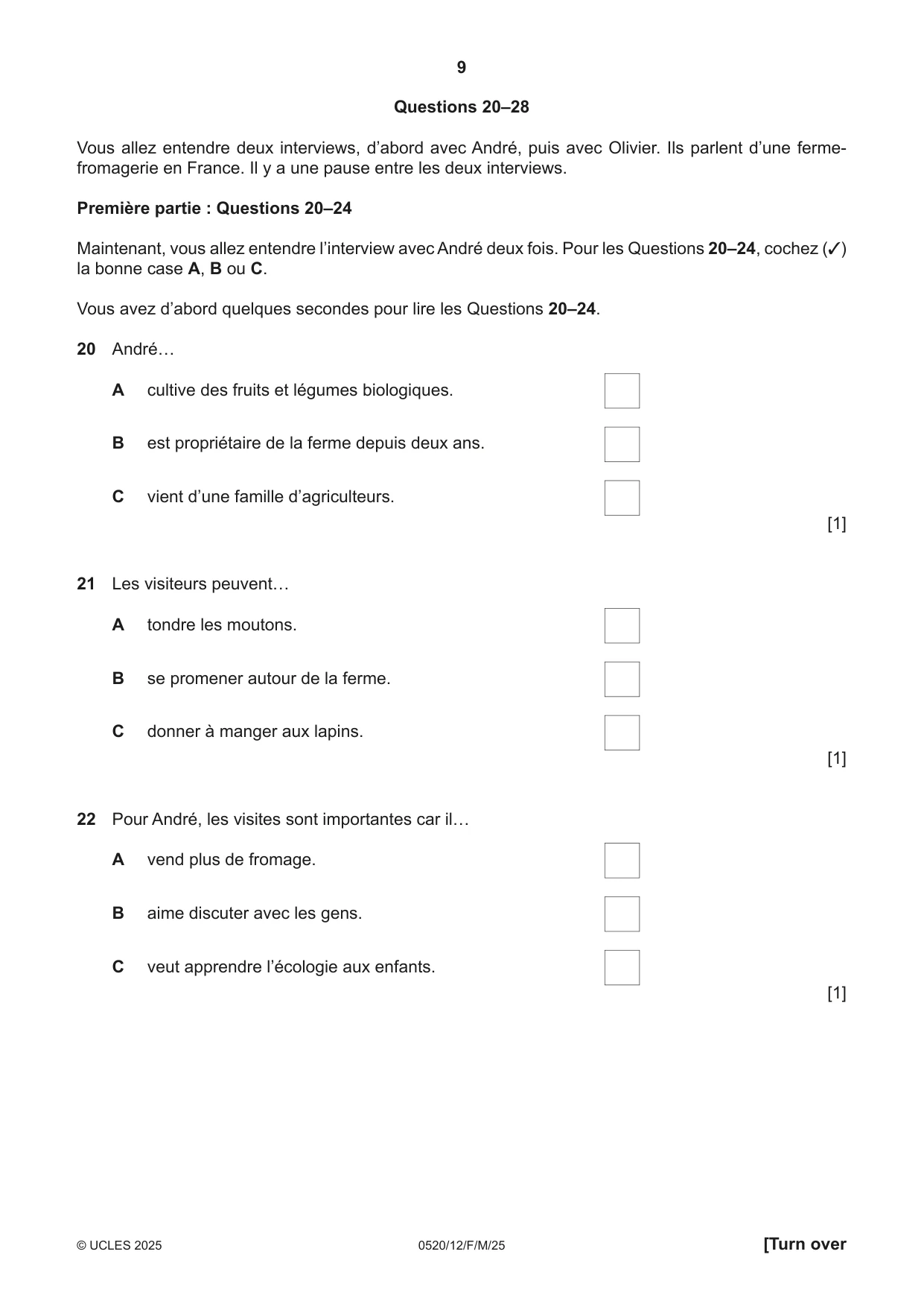 Cambridge IGCSE French - Foreign Language 0520 2025 Feb/March Paper 1 · Variant 2 question paper, page 9 of 16