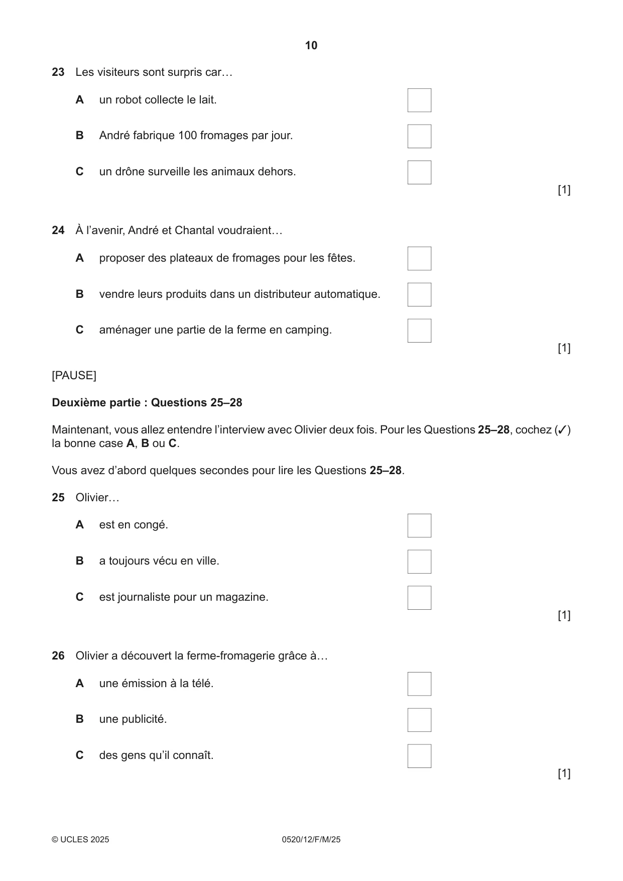 Cambridge IGCSE French - Foreign Language 0520 2025 Feb/March Paper 1 · Variant 2 question paper, page 10 of 16