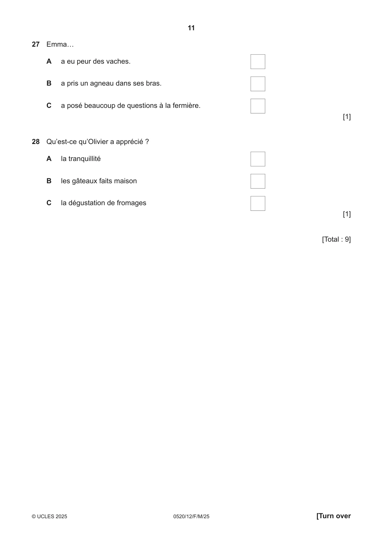 Cambridge IGCSE French - Foreign Language 0520 2025 Feb/March Paper 1 · Variant 2 question paper, page 11 of 16