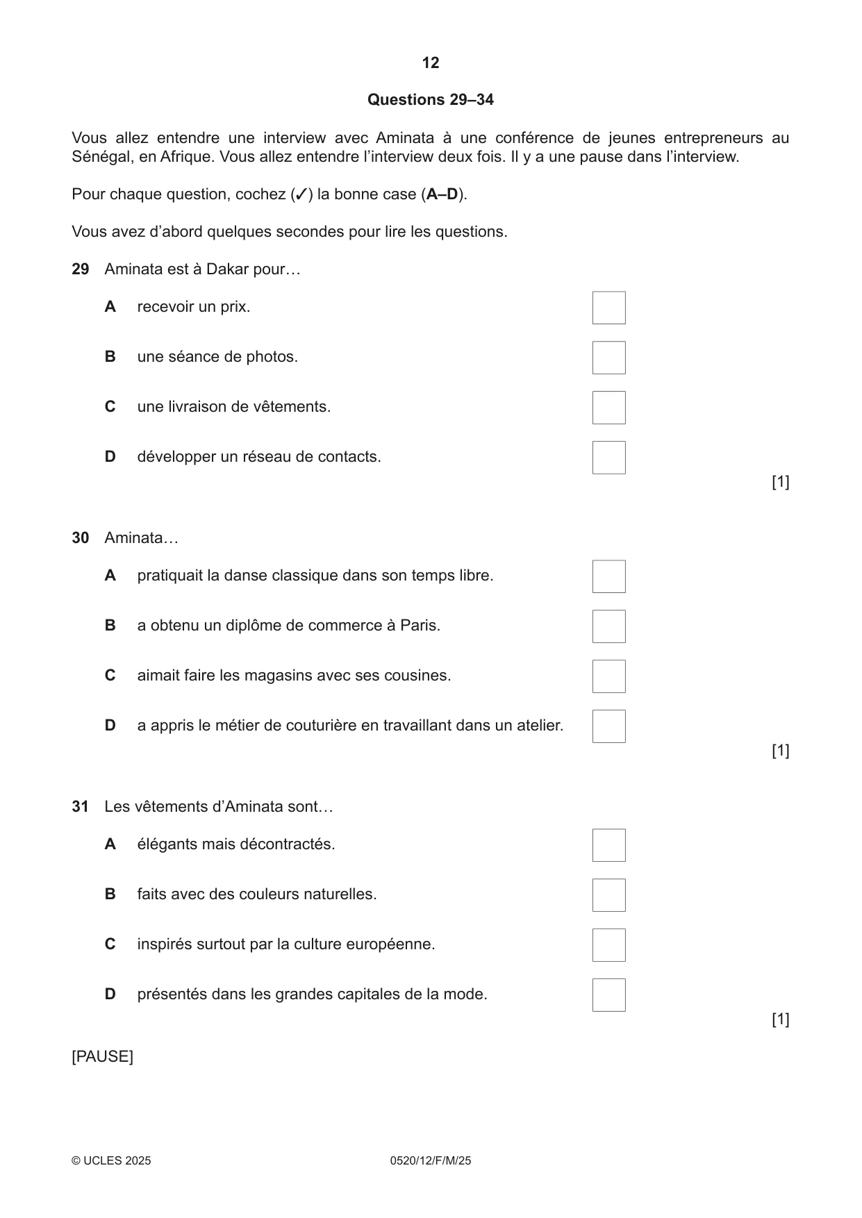 Cambridge IGCSE French - Foreign Language 0520 2025 Feb/March Paper 1 · Variant 2 question paper, page 12 of 16