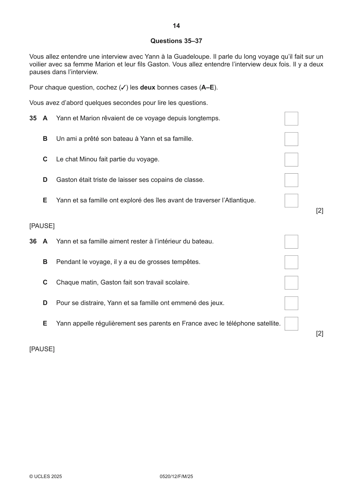 Cambridge IGCSE French - Foreign Language 0520 2025 Feb/March Paper 1 · Variant 2 question paper, page 14 of 16