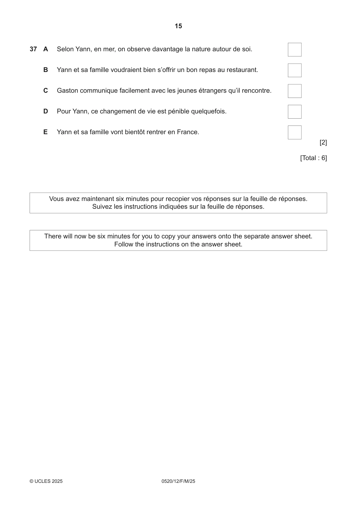 Cambridge IGCSE French - Foreign Language 0520 2025 Feb/March Paper 1 · Variant 2 question paper, page 15 of 16
