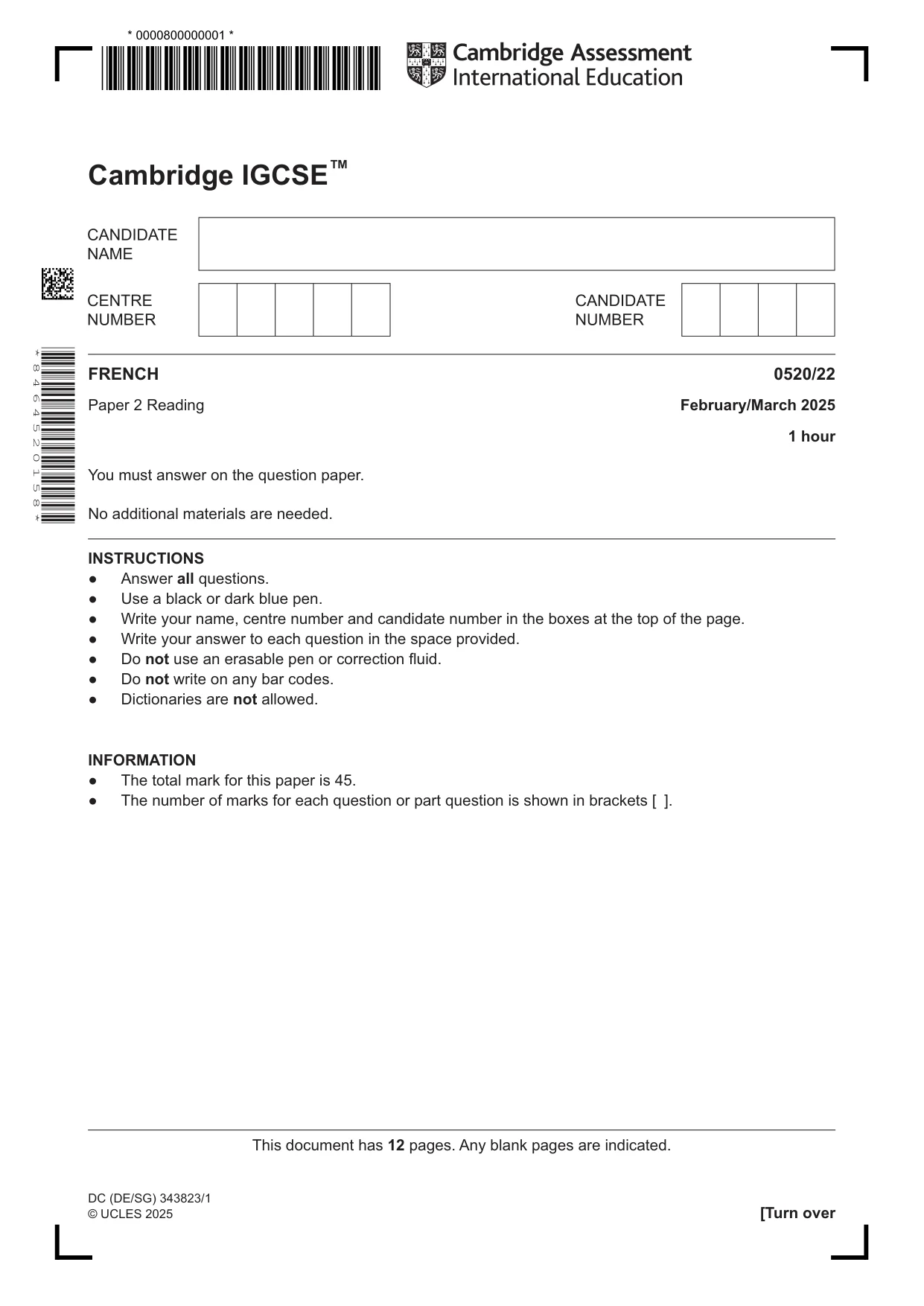 Cambridge IGCSE French - Foreign Language 0520 2025 Feb/March Paper 2 · Variant 2 question paper, page 1 of 12