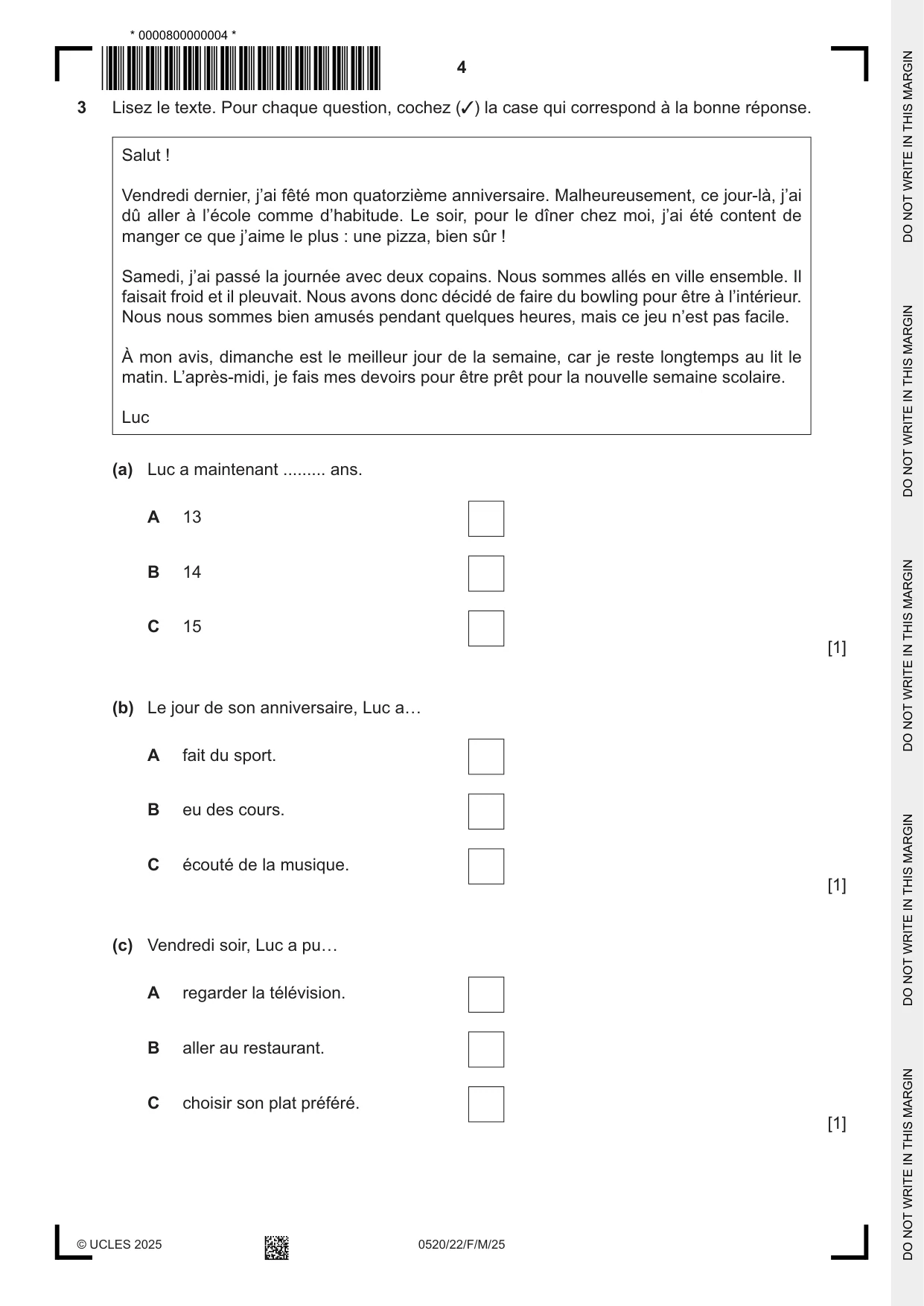 Cambridge IGCSE French - Foreign Language 0520 2025 Feb/March Paper 2 · Variant 2 question paper, page 4 of 12
