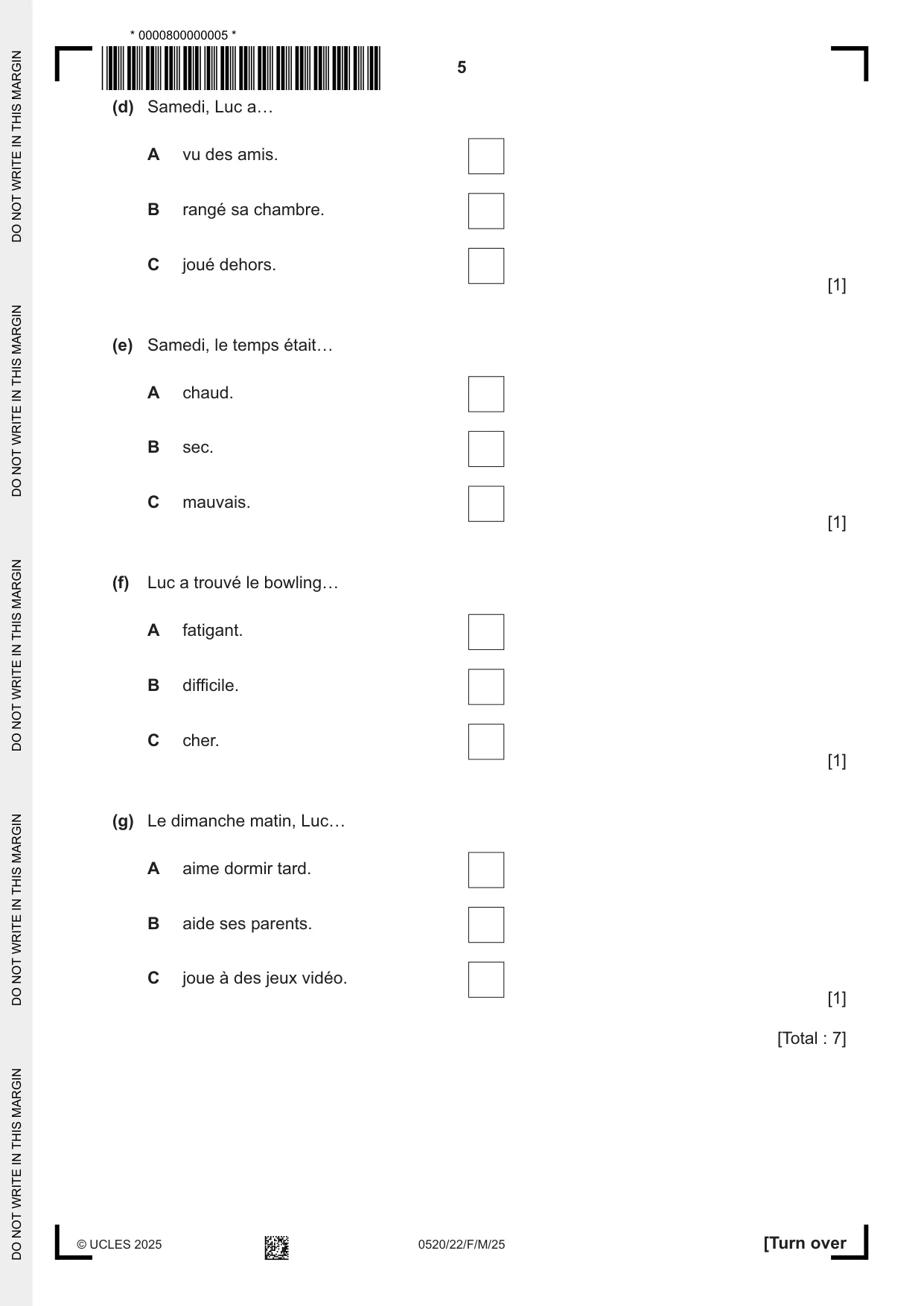 Cambridge IGCSE French - Foreign Language 0520 2025 Feb/March Paper 2 · Variant 2 question paper, page 5 of 12