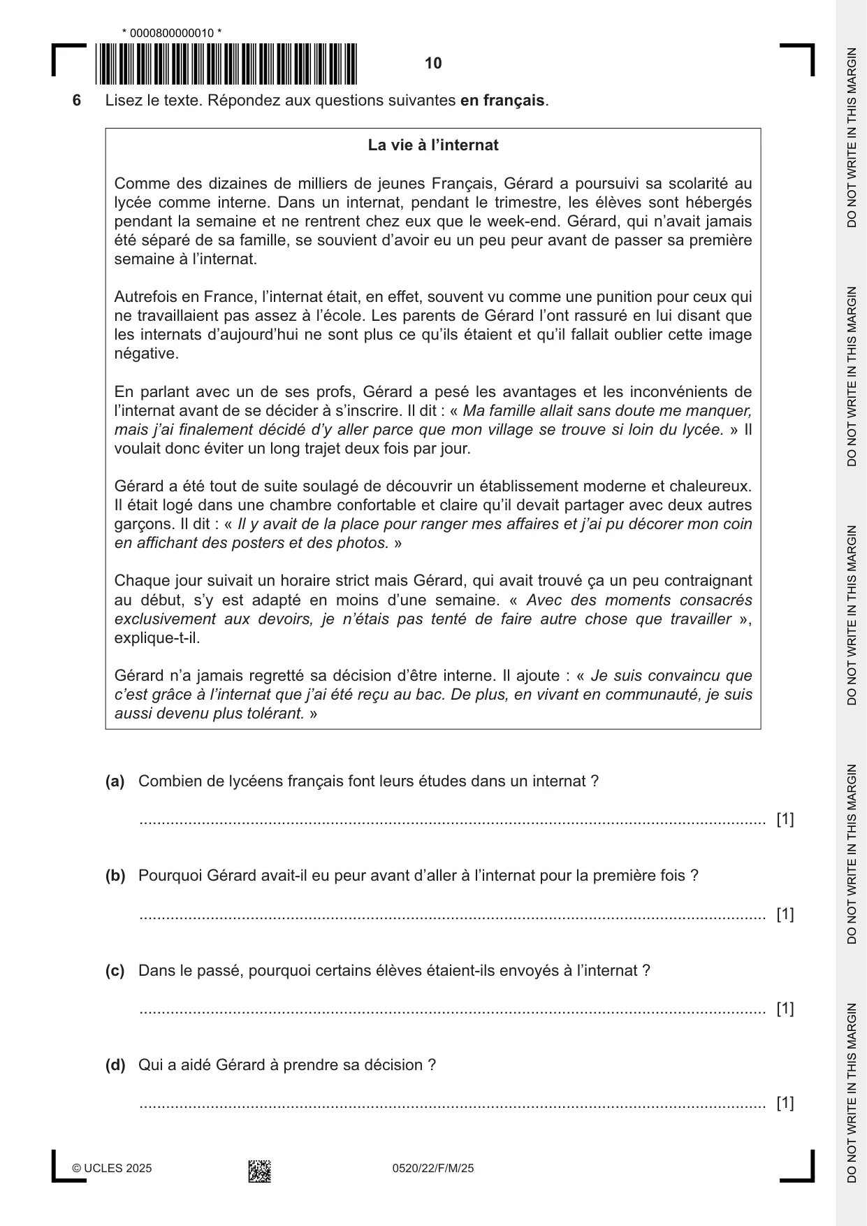 Cambridge IGCSE French - Foreign Language 0520 2025 Feb/March Paper 2 · Variant 2 question paper, page 10 of 12