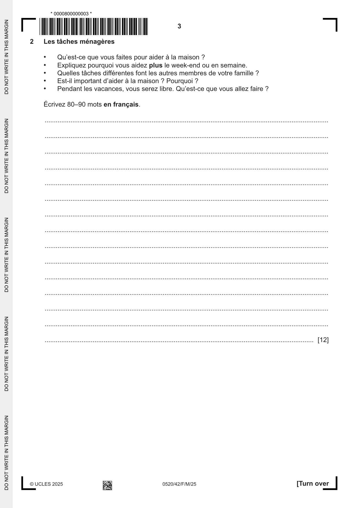 Cambridge IGCSE French - Foreign Language 0520 2025 Feb/March Paper 4 · Variant 2 question paper, page 3 of 8