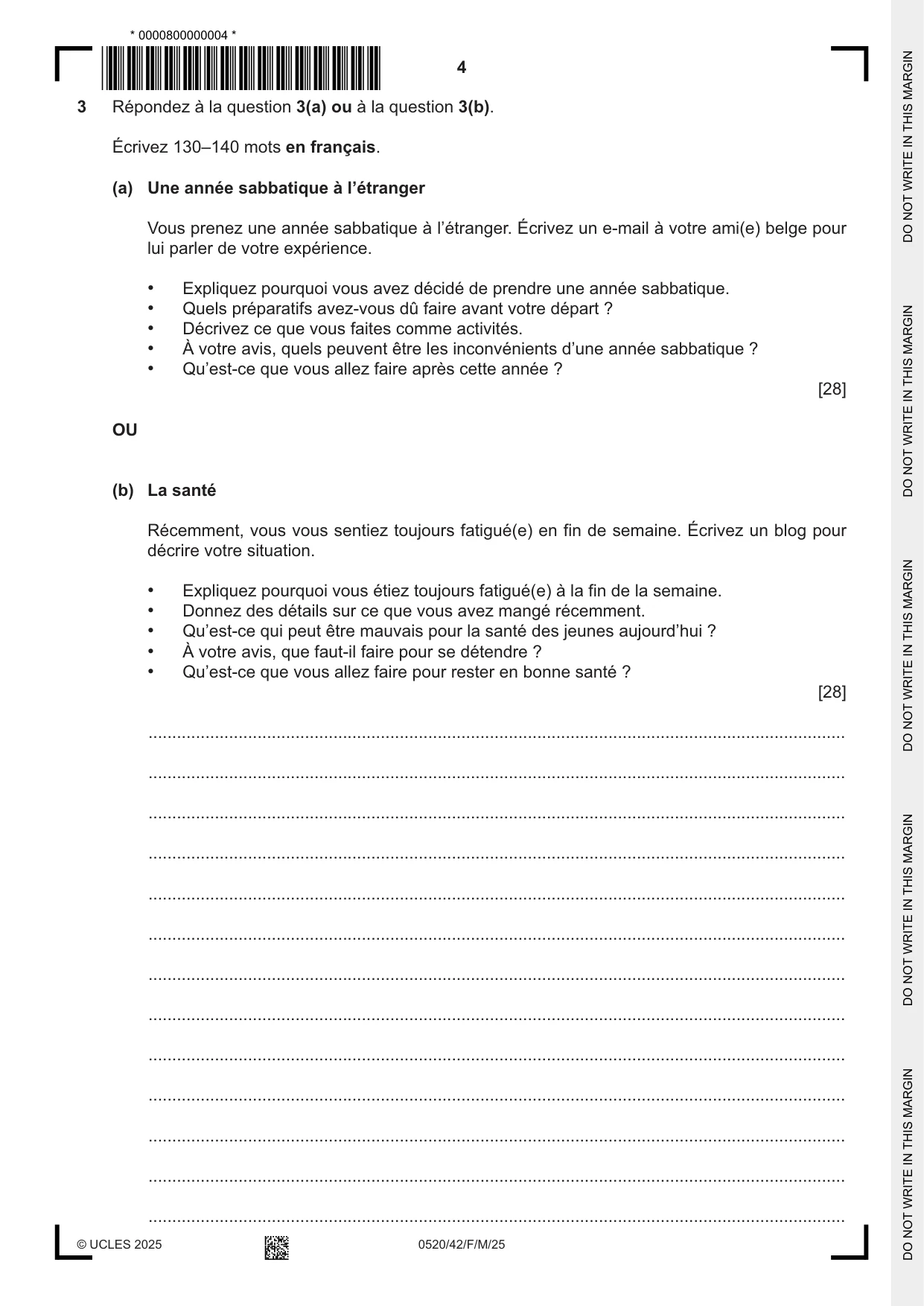 Cambridge IGCSE French - Foreign Language 0520 2025 Feb/March Paper 4 · Variant 2 question paper, page 4 of 8