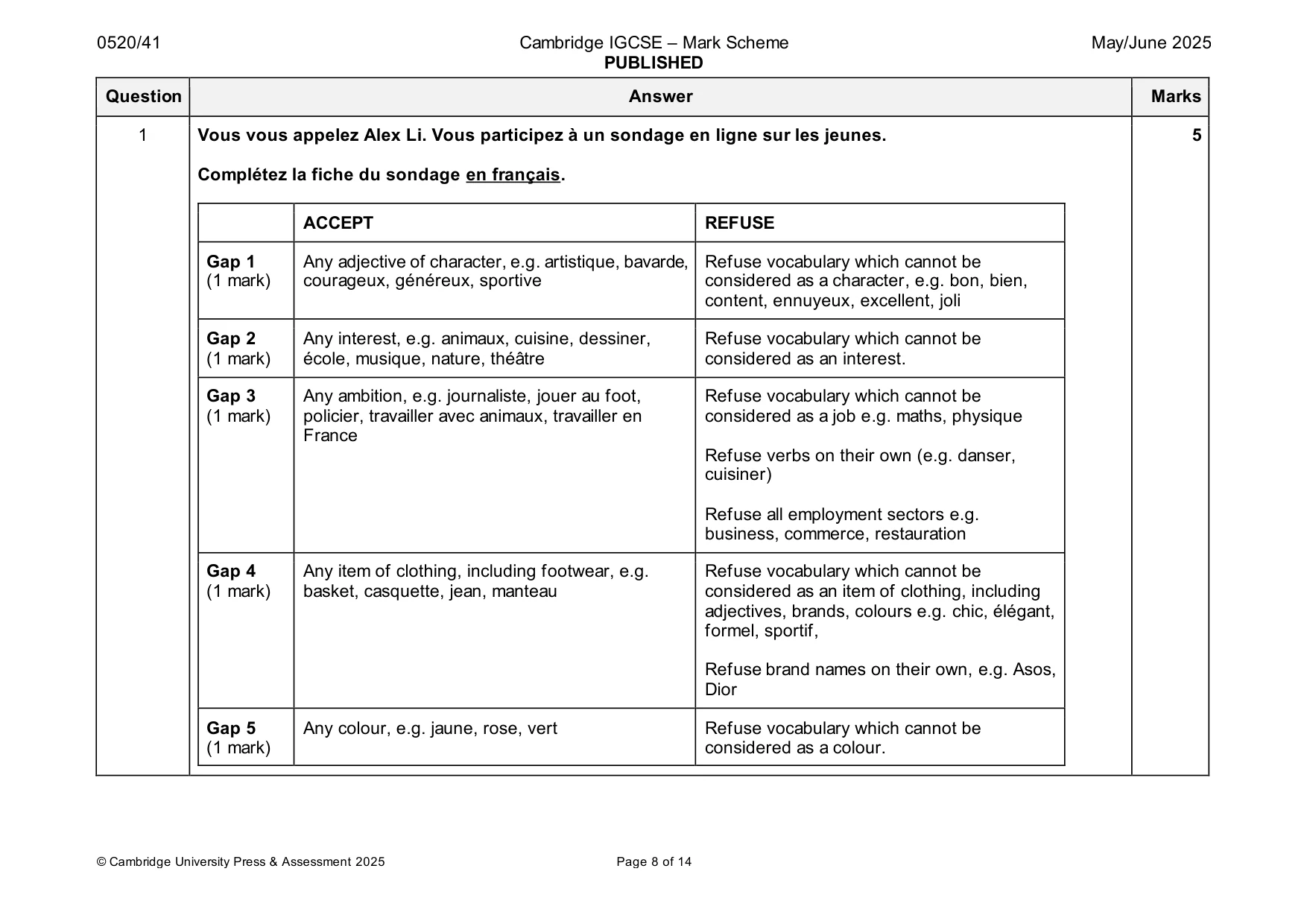 Mark scheme, page 8 of 14