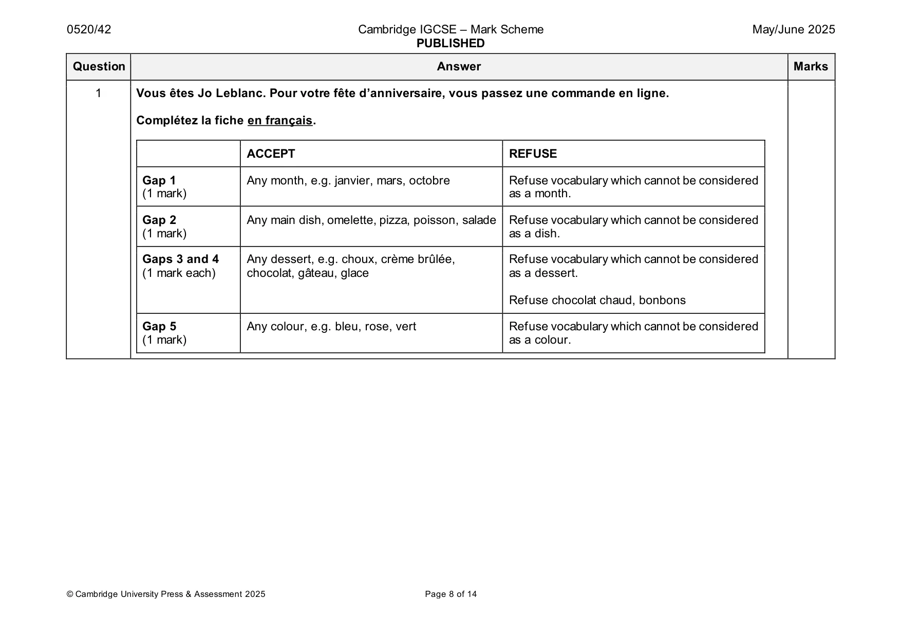Mark scheme, page 8 of 14