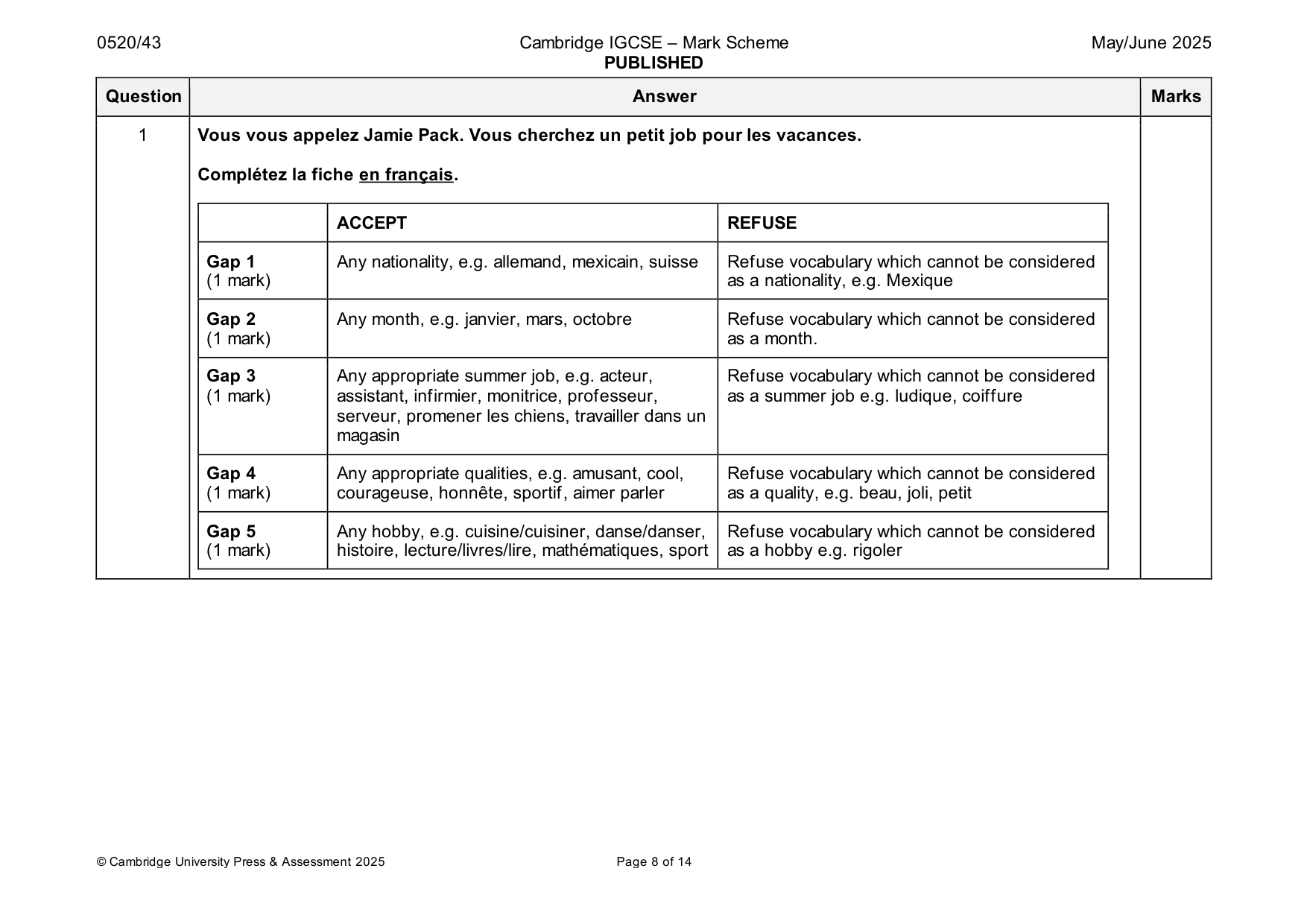 Mark scheme, page 8 of 14
