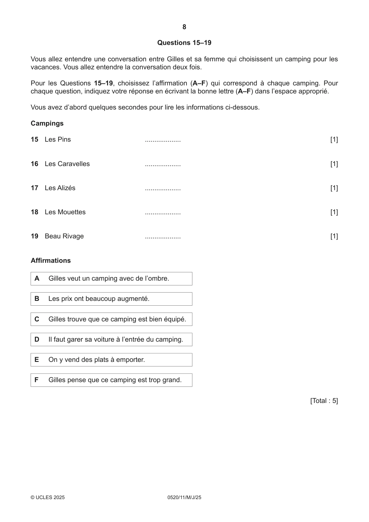 Cambridge IGCSE French - Foreign Language 0520 2025 May/June Paper 1 · Variant 1 question paper, page 8 of 16