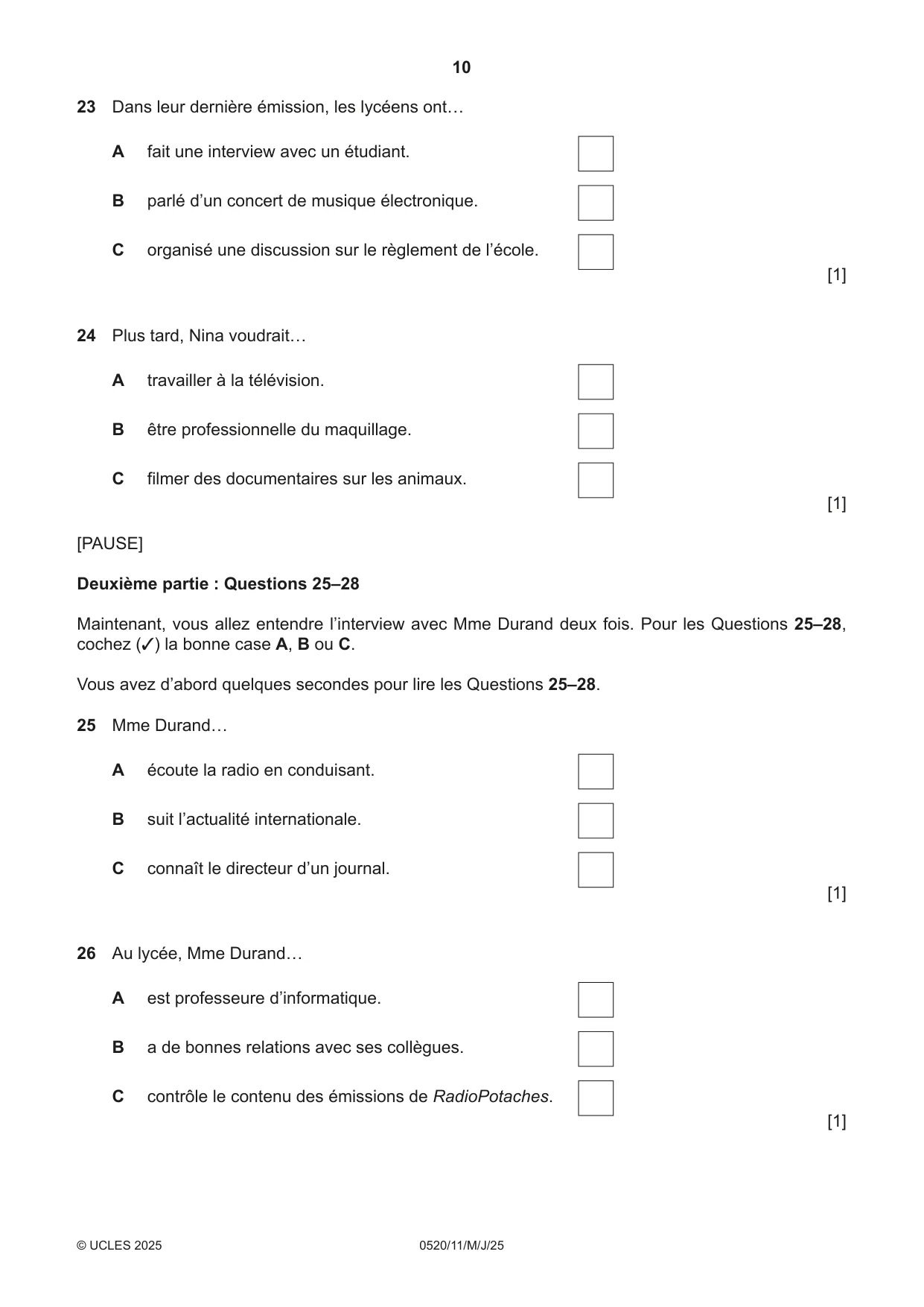 Cambridge IGCSE French - Foreign Language 0520 2025 May/June Paper 1 · Variant 1 question paper, page 10 of 16
